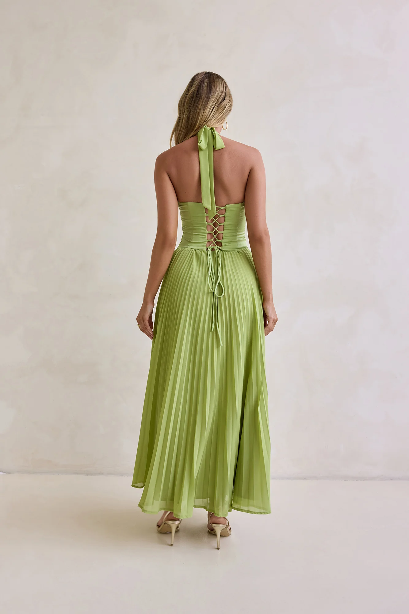 Paradise Falls Plisse Halter Maxi Dress Lime Green