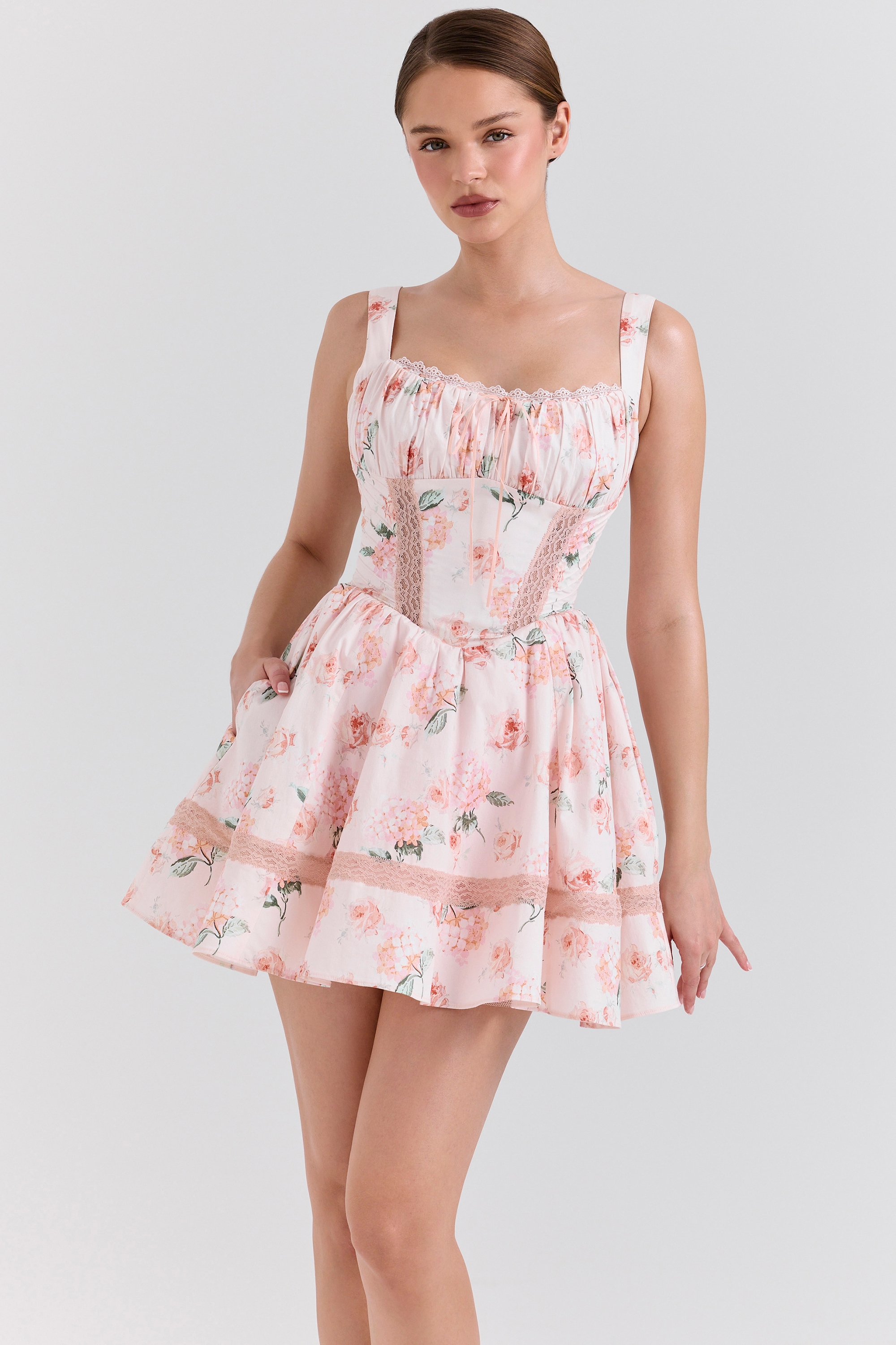 Peach Floral Rose Print Cotton Mini Dress