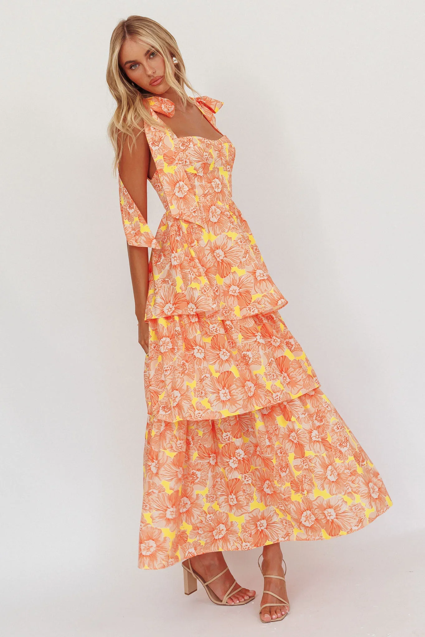 Arlowe Tied Shoulder Tiered Midi Dress Floral Orange
