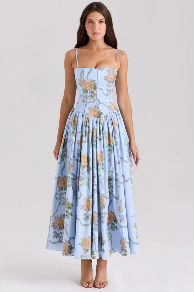 Vintage Rose Print Cotton Midi Sundress