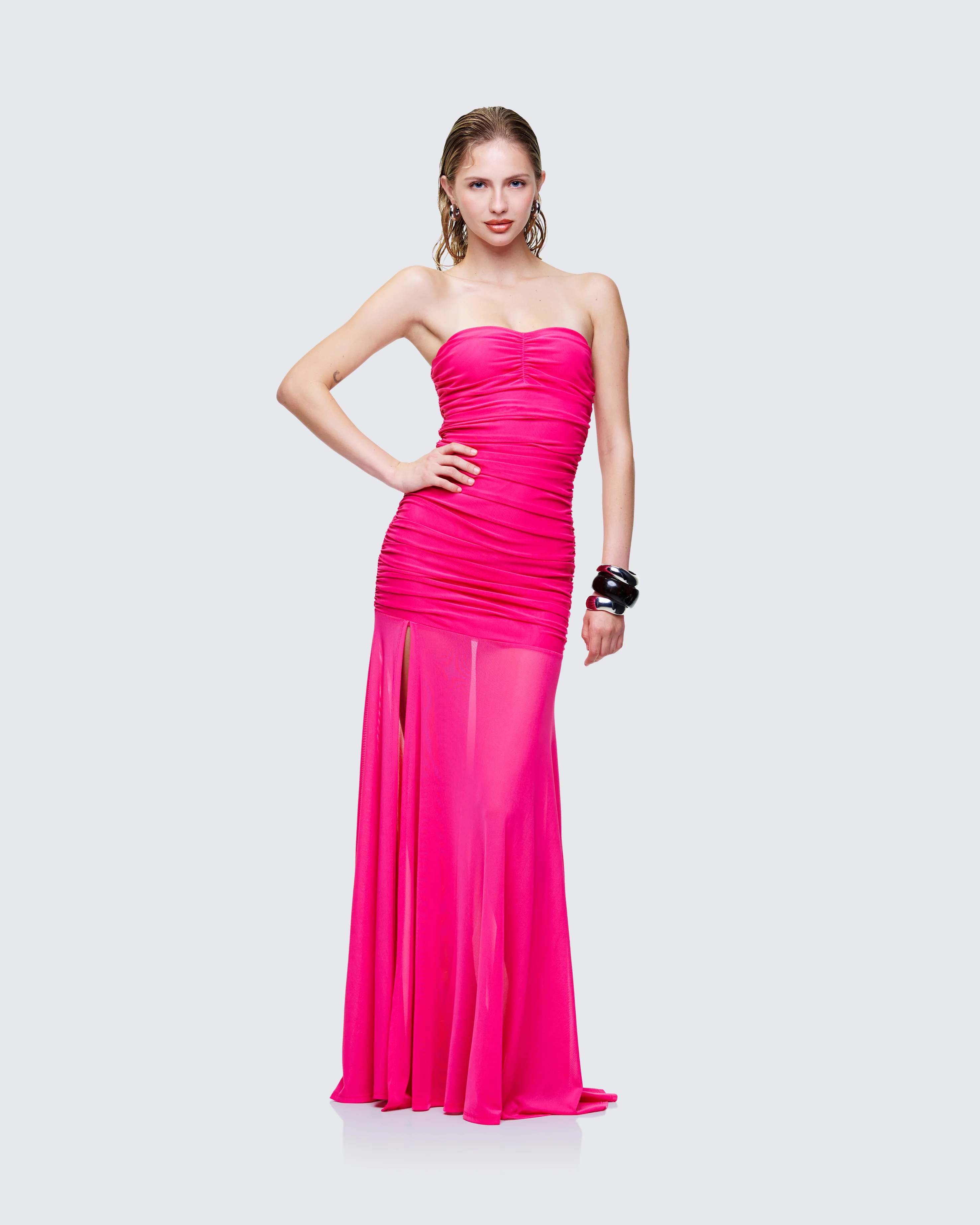 Zea Pink Ruched Mesh Maxi Dress