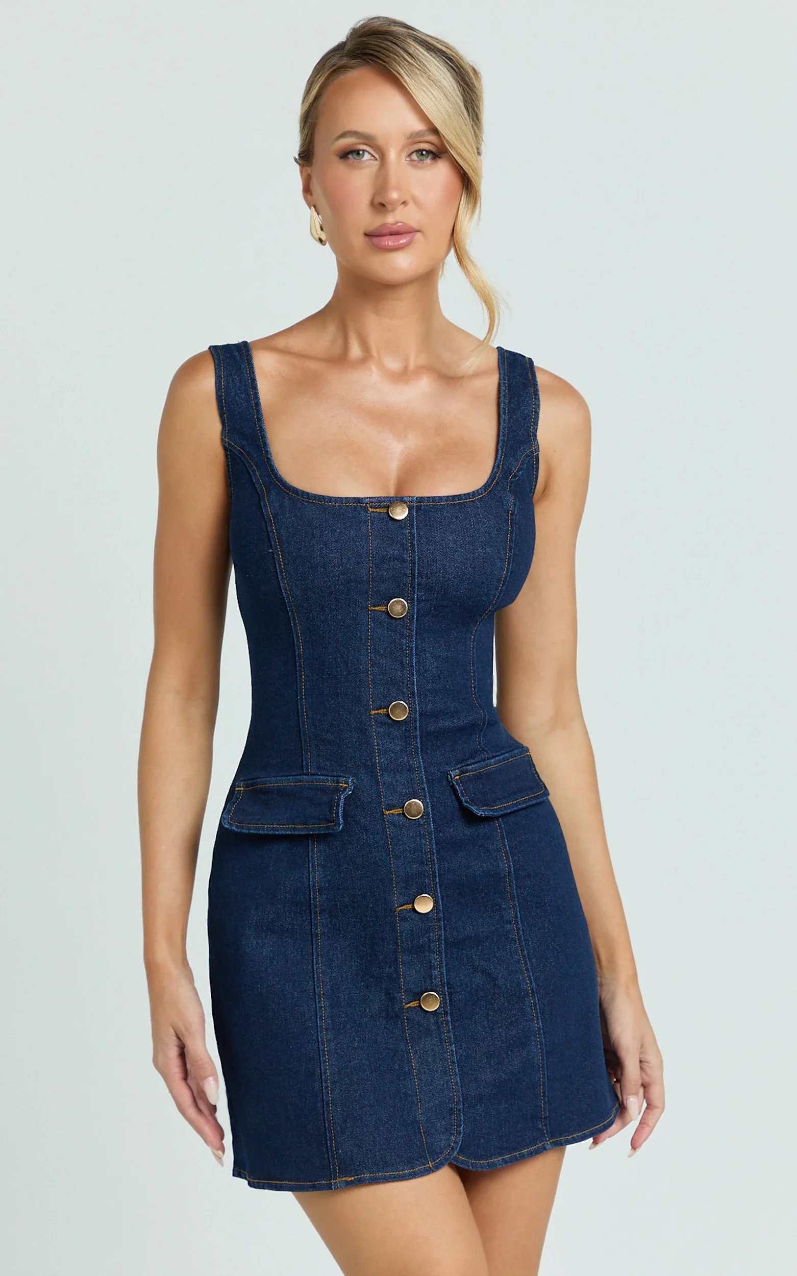 Valentina Mini Dress - Square Neck Button Down Denim Dress in Dark Blue Wash