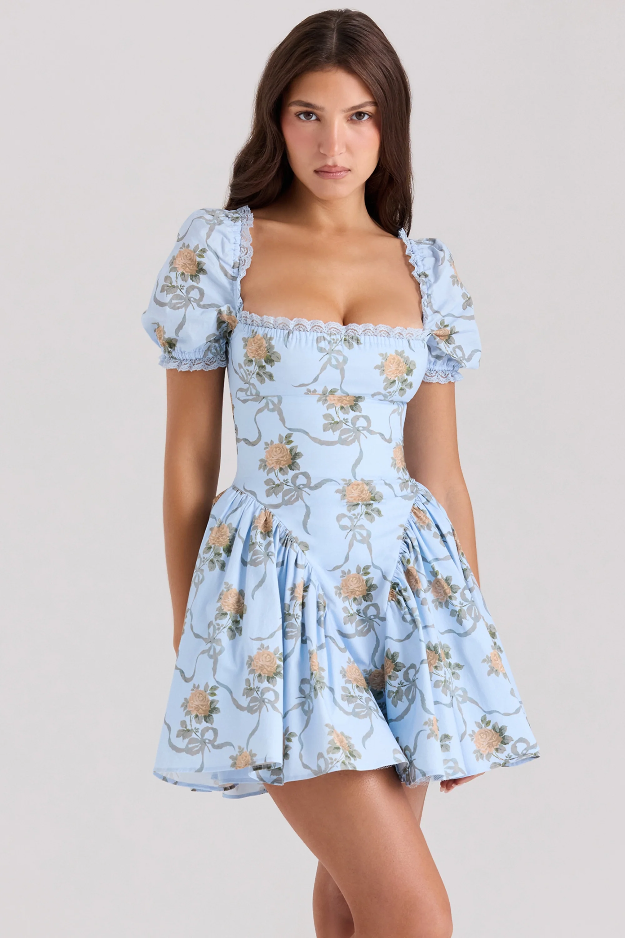 blue rose print cotton mini dress