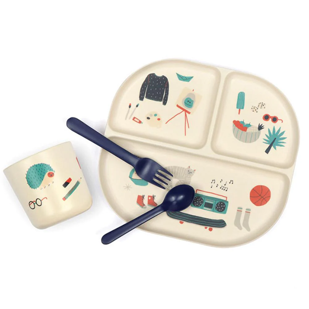 Vogeelle Illustrated Bamboo Kid Dinner Set - Royal Blue