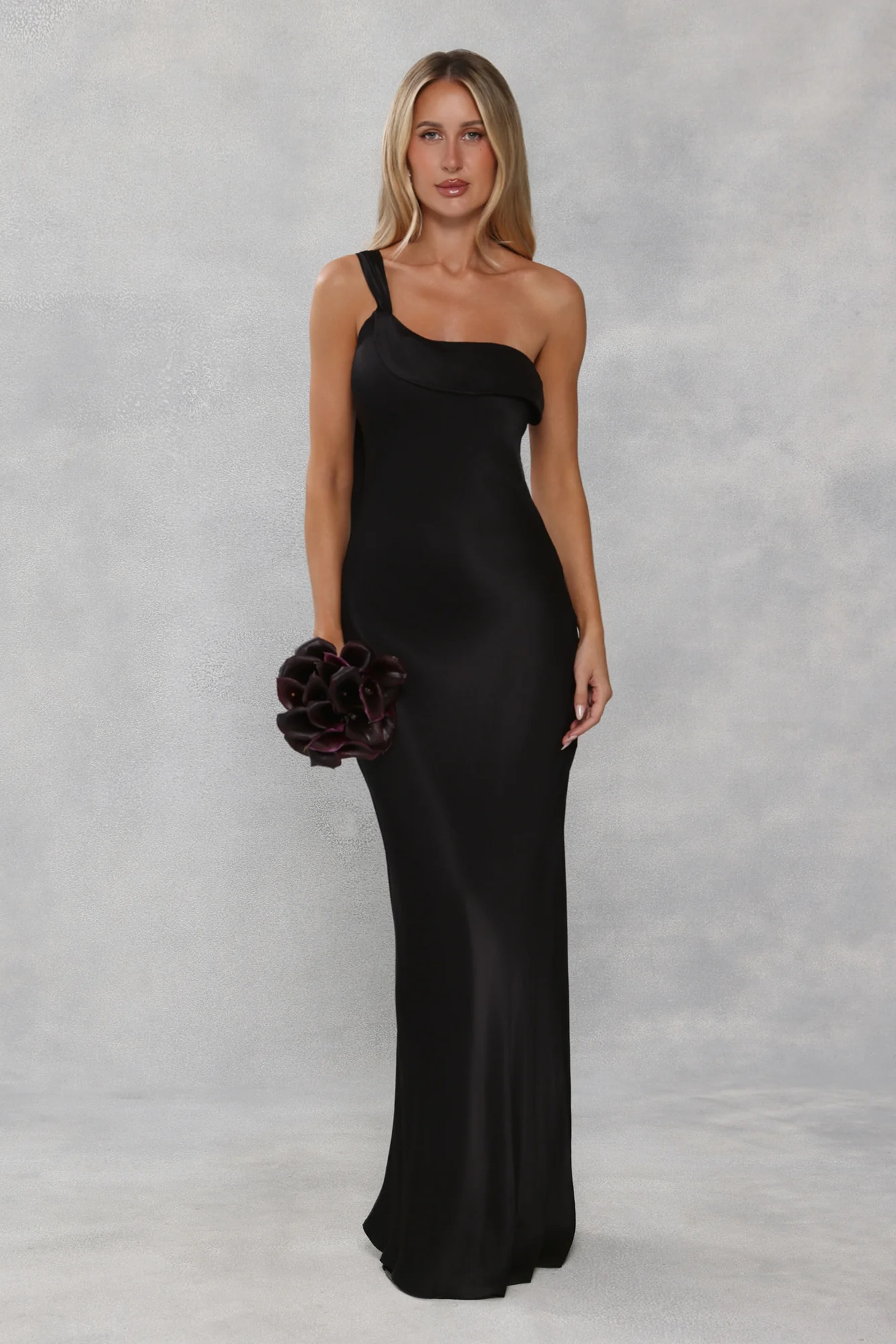 The Zafira One Shoulder Satin Maxi Dress Black