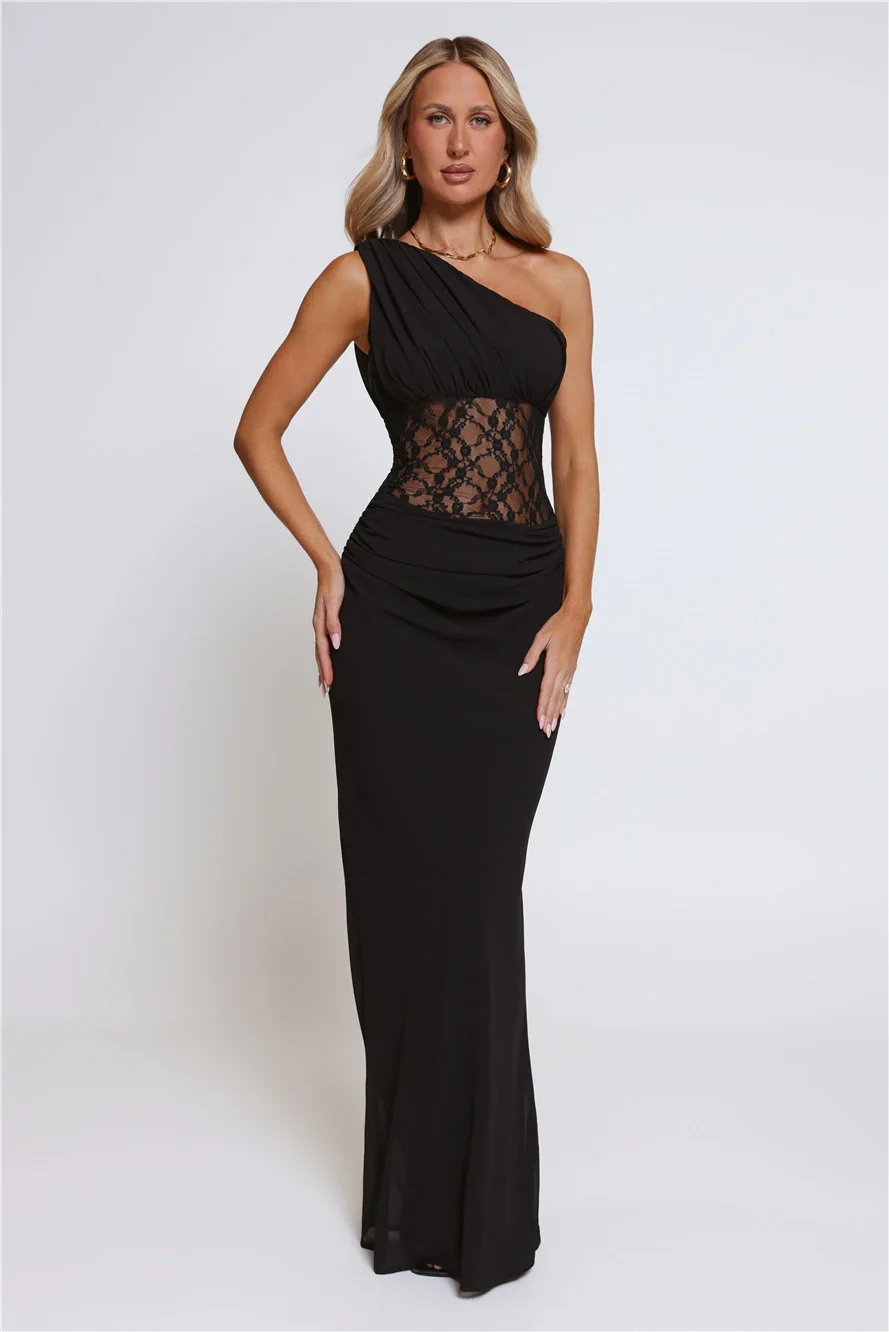 Lace Desire One Shoulder Maxi Dress Black
