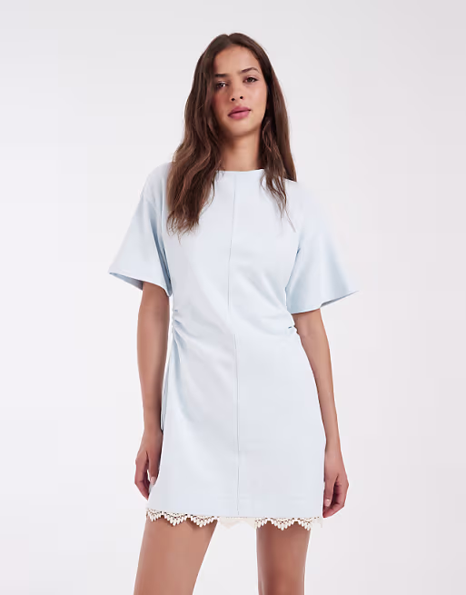 cinched waist lace detail mini dress in light blue
