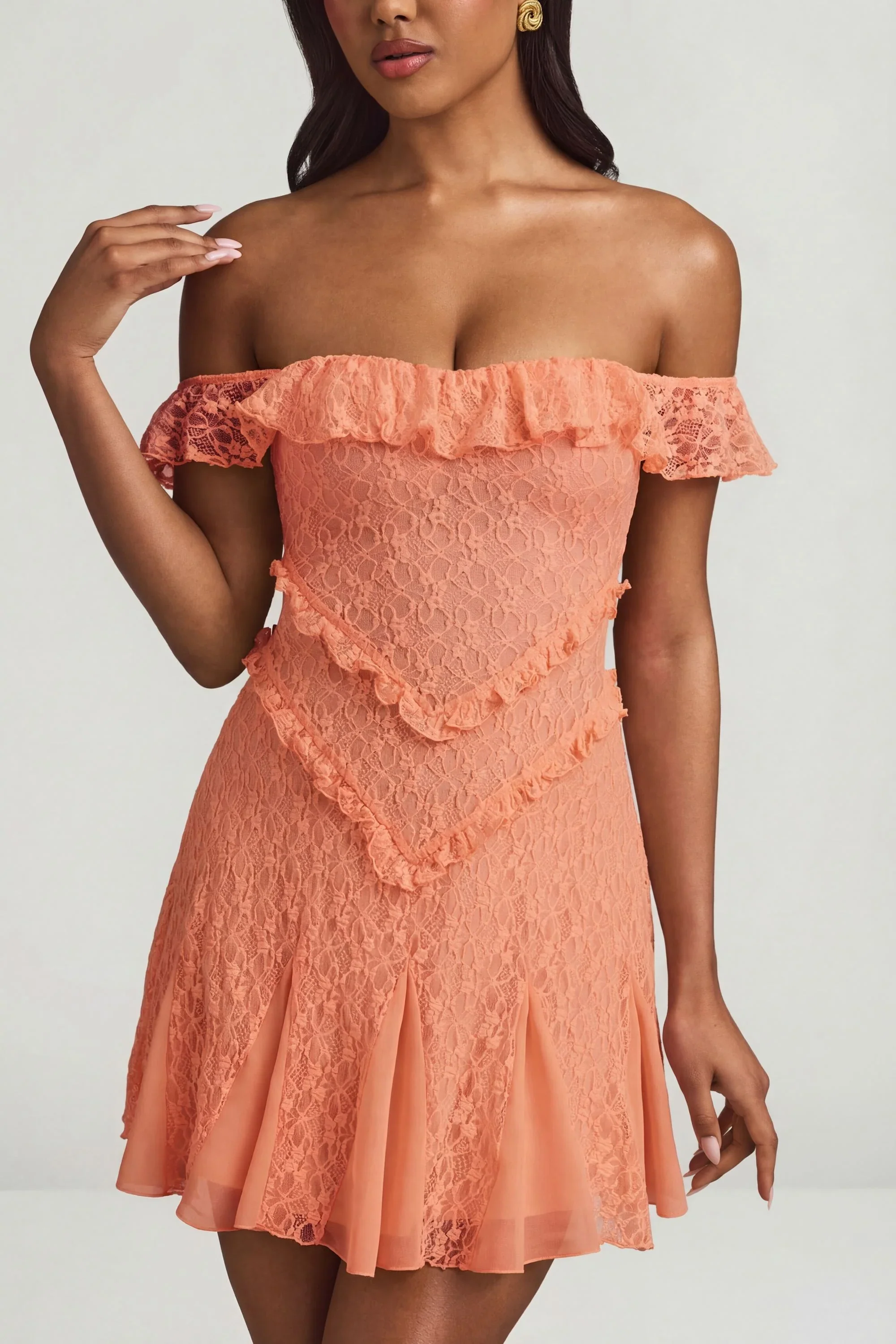 Off-Shoulder Lace A-Line Mini Dress in Peach - FASHION NOB