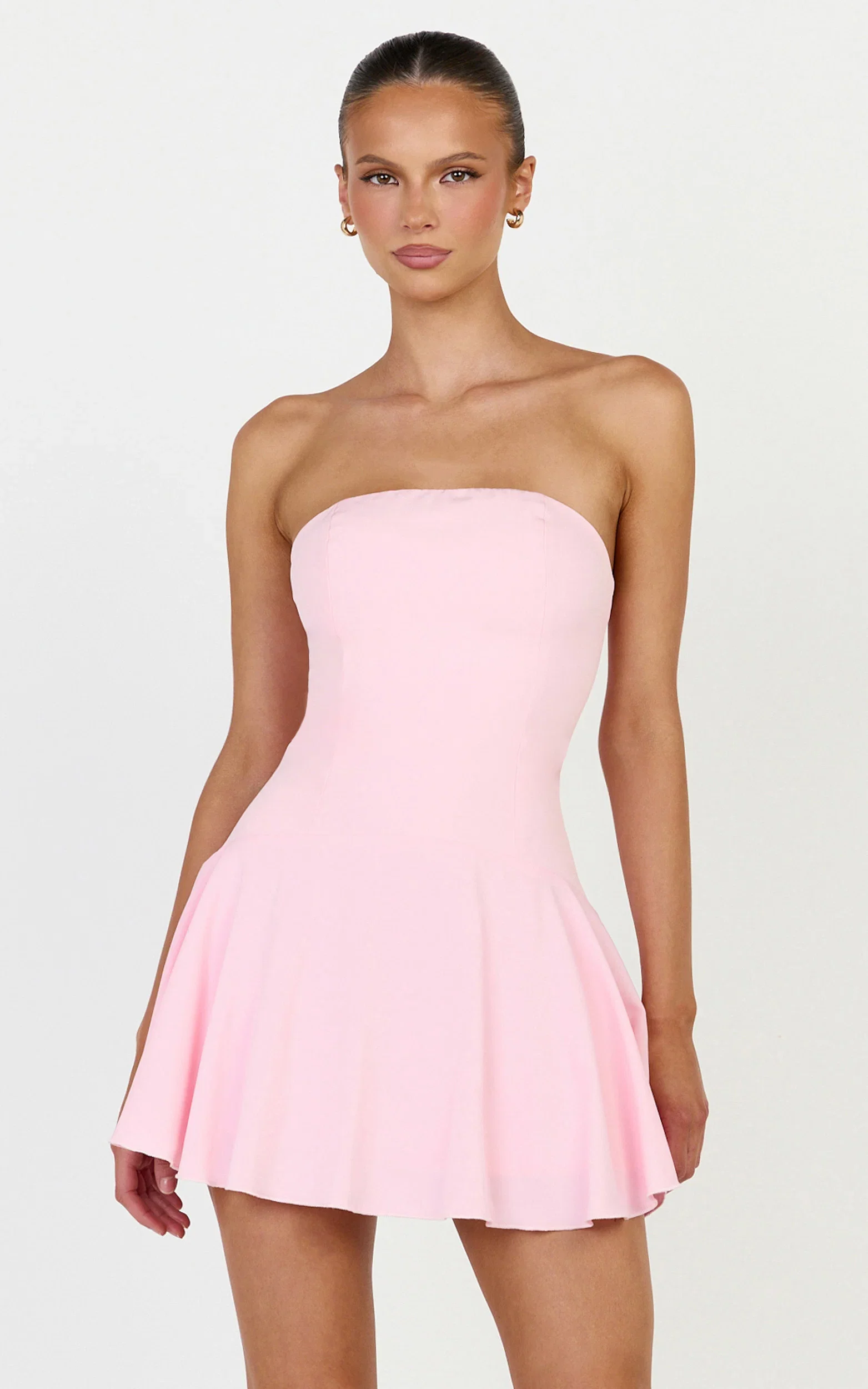 Poppy Mini Dress - Contrast Skirt Strapless Dress in Pink