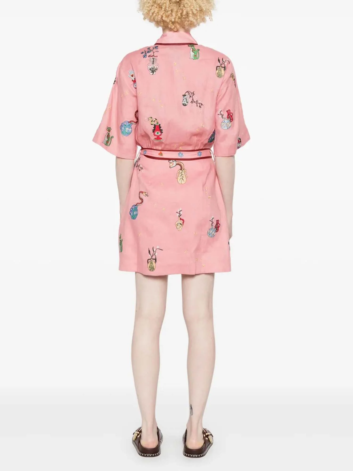 Pink Botanical Embroidered Mini Shirt Dress