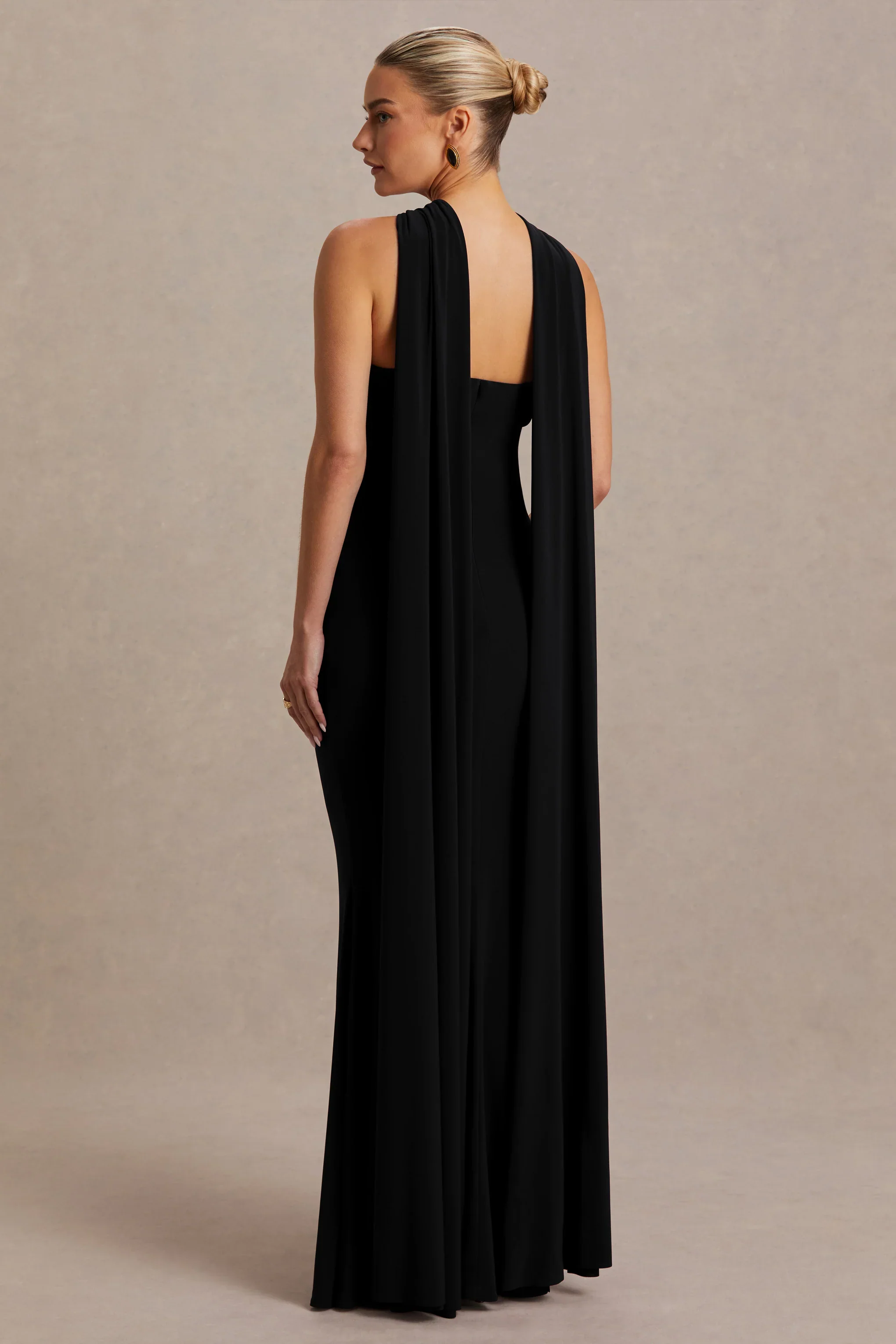 Lyra | Black Cross Halter-Neck Maxi Dress With Cape