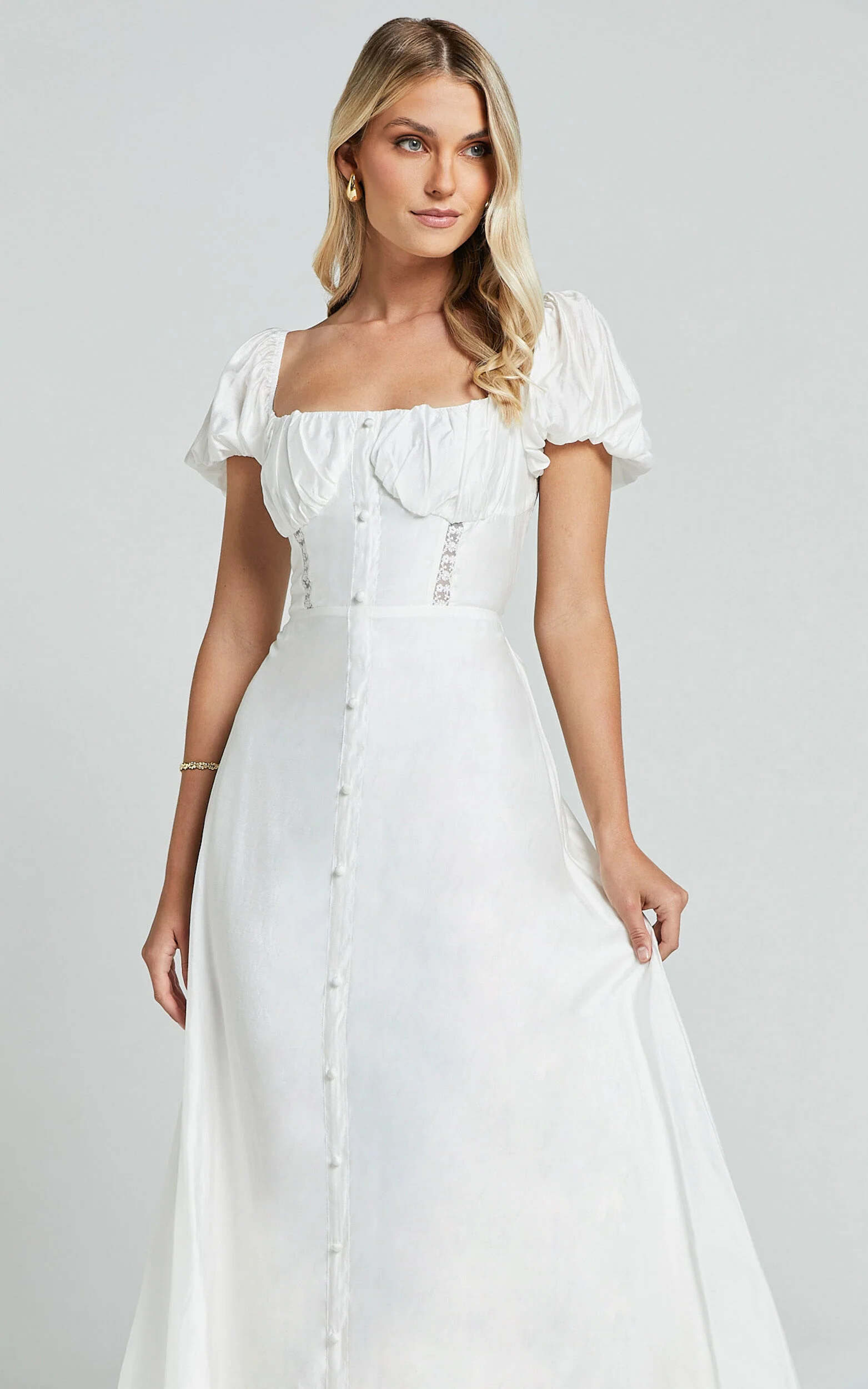 Giselle Midi Dress - Puff Sleeve Corset Flare Dress in White