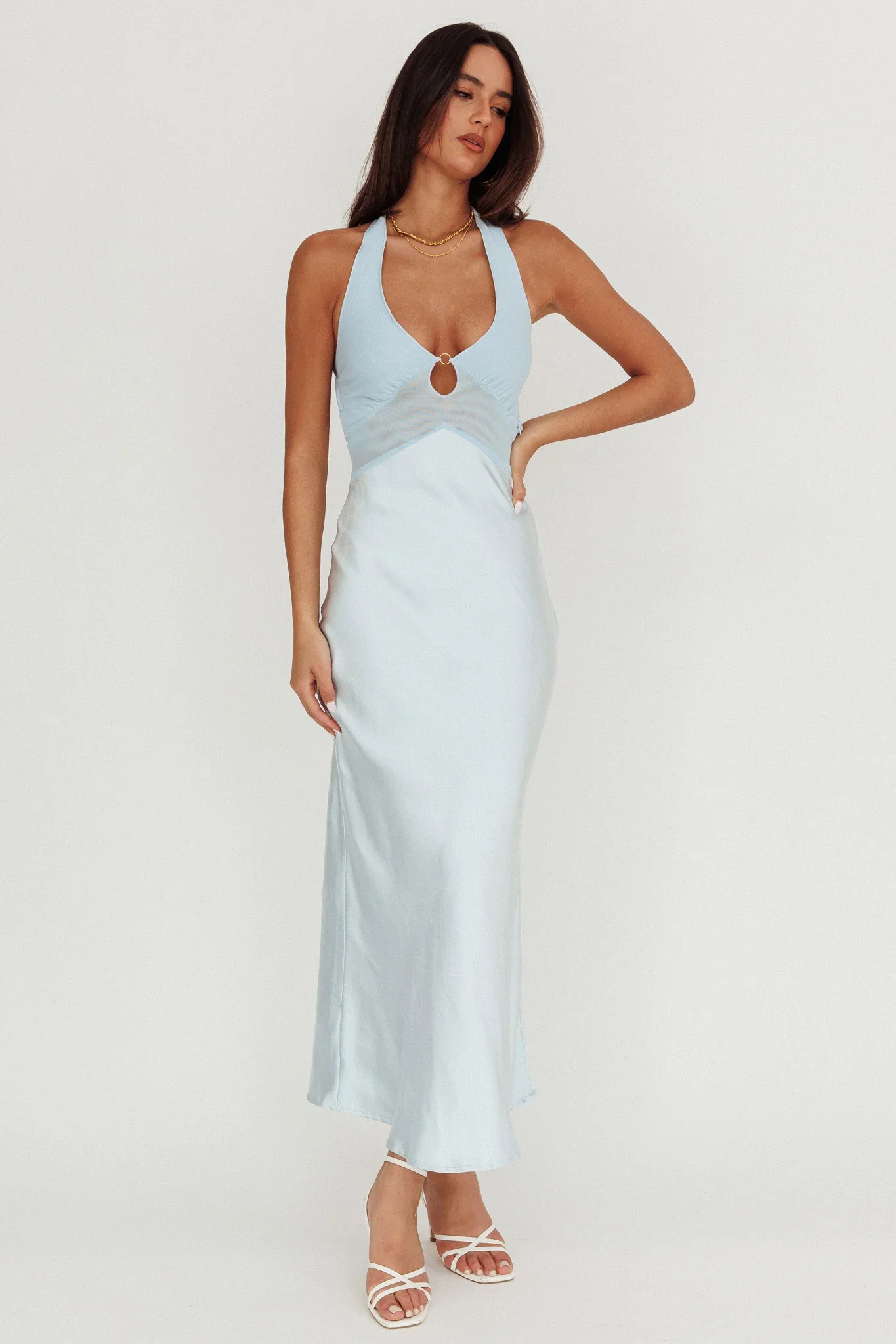 Jaila Mesh Bodice Halter Maxi Dress Baby Blue