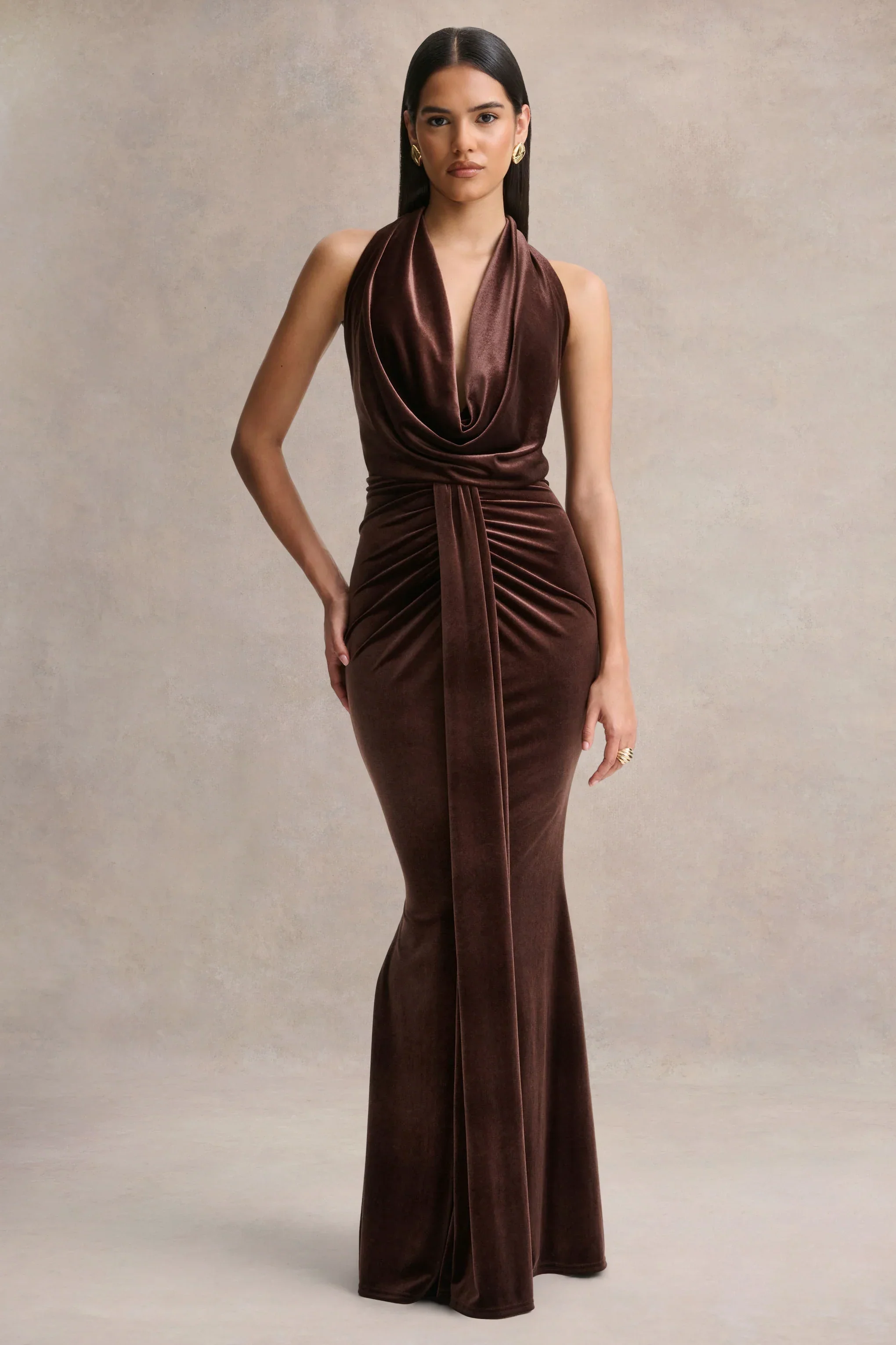 Lavernia | Brown Velvet Halter-Neck Maxi Dress With Gathered-Detailing