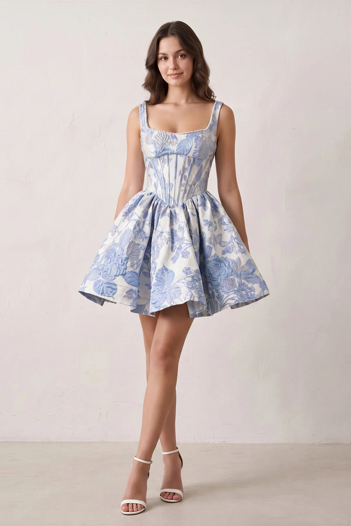 Blue A-Line Square Neck Jacquard Corset Homecoming Dress With Pearl