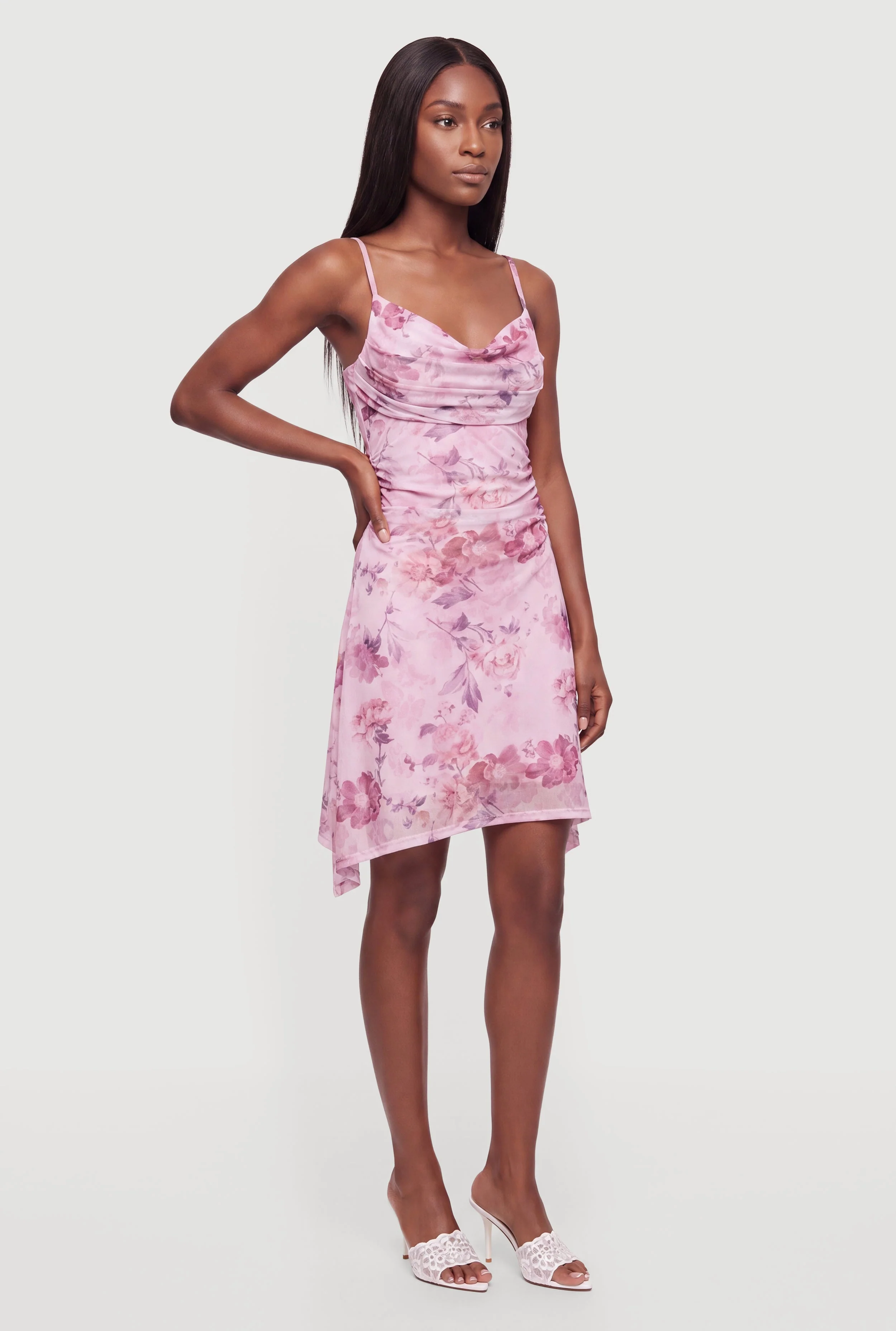 Floral Mesh Side Ruched Cowl Neck Dress