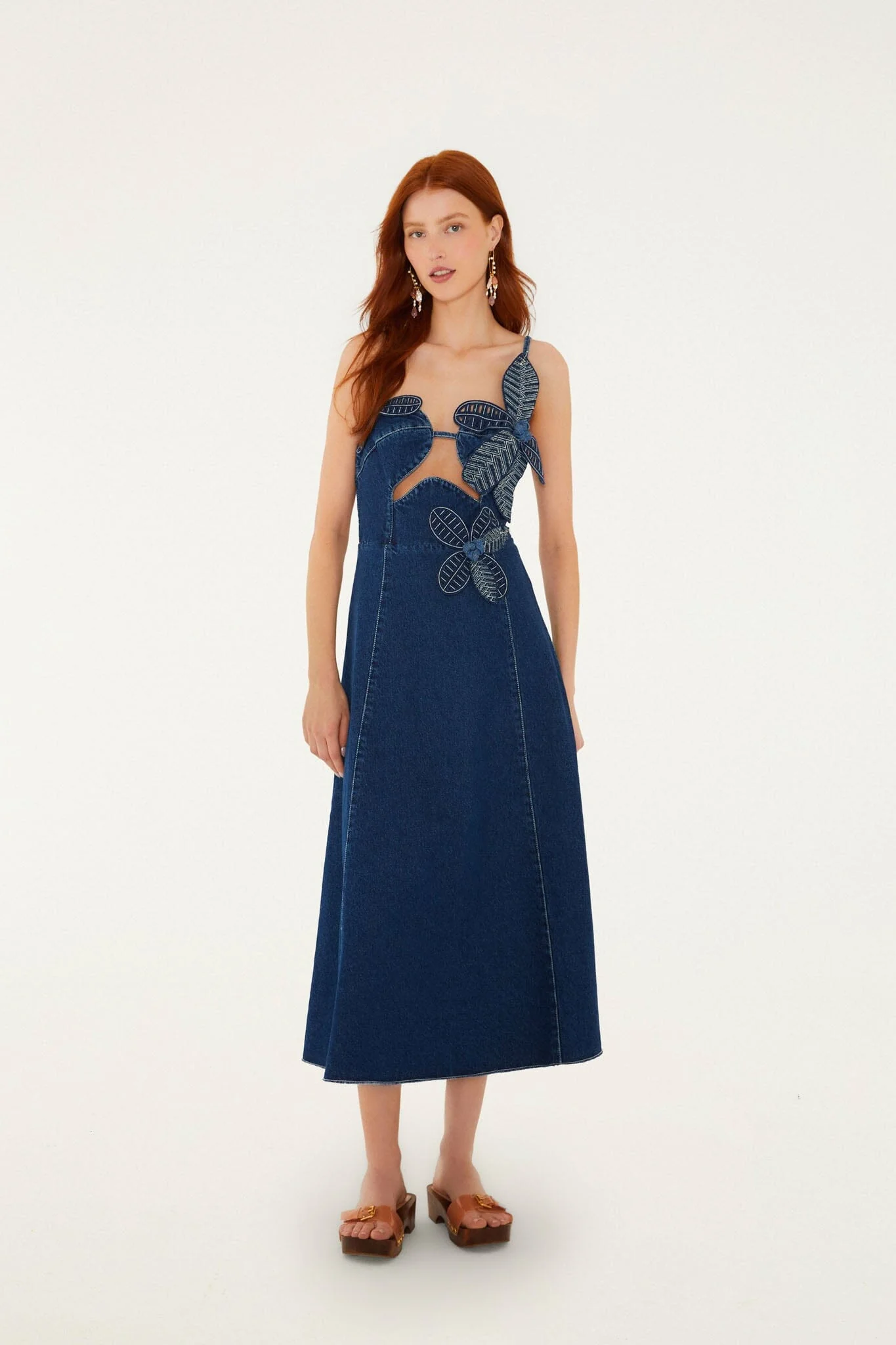 Denim 3D Flower Cut-Out Midi Dress