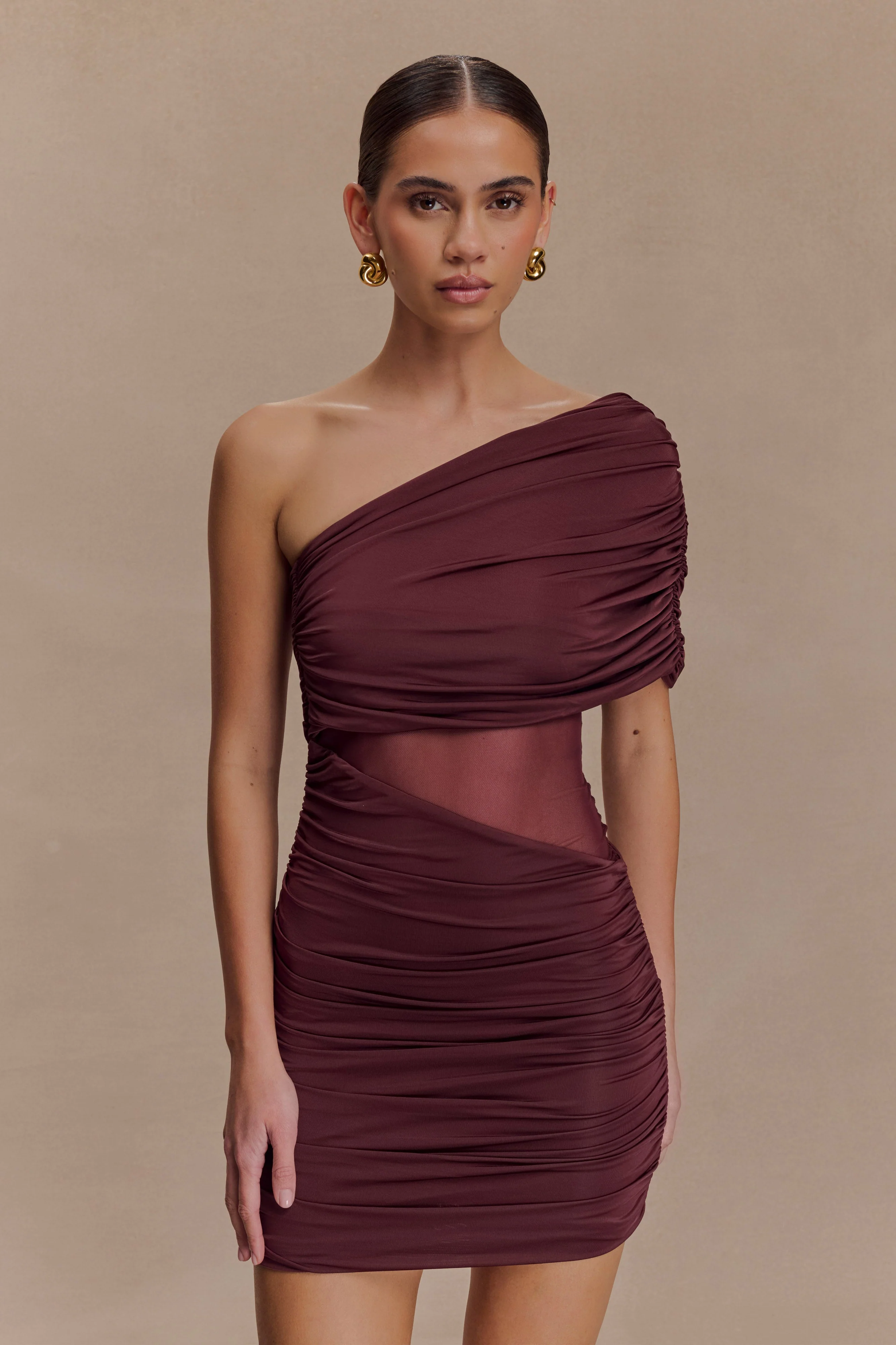 Dallas One Shoulder Mesh Mini Dress  - Mahogany