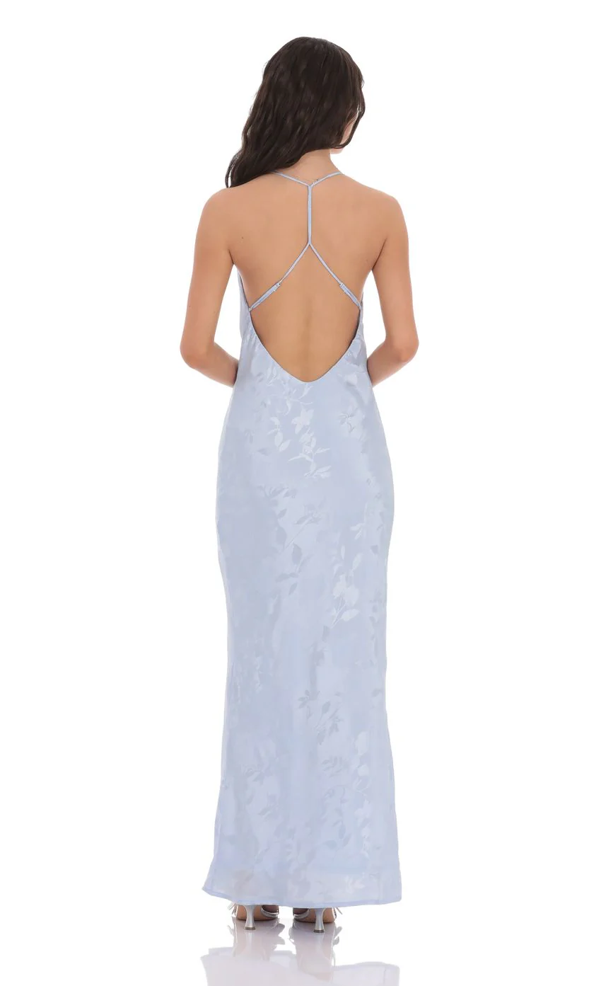 Floral Jacqaurd Cowl Neck Maxi Dress in Light Blue - luluinthesky