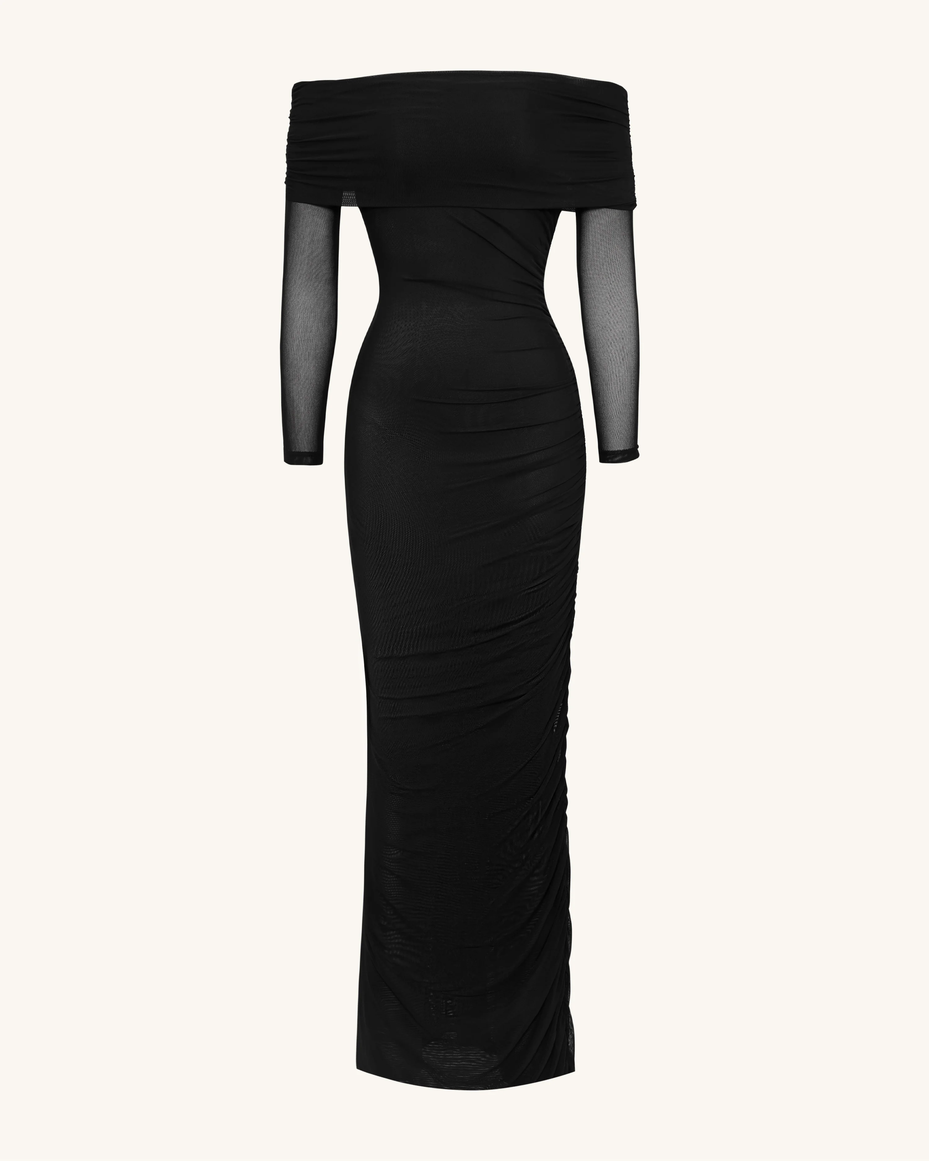 Ruched Off-Shoulder Mesh-Sleeve Mermaid Maxi Dress - Black - FASHION NOB