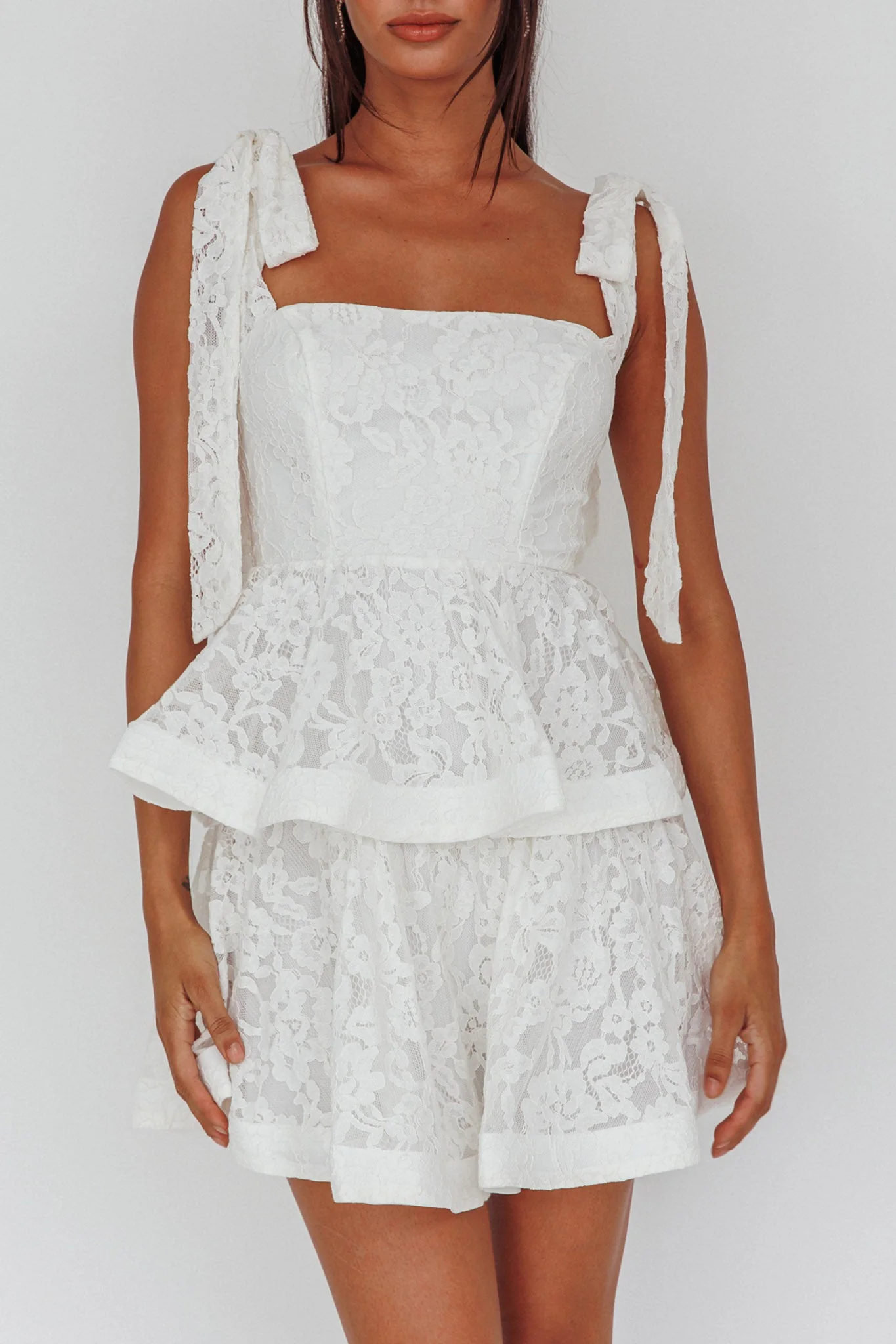 Neriah Tied Shoulder Tiered Lace Mini Dress White - luluinthesky