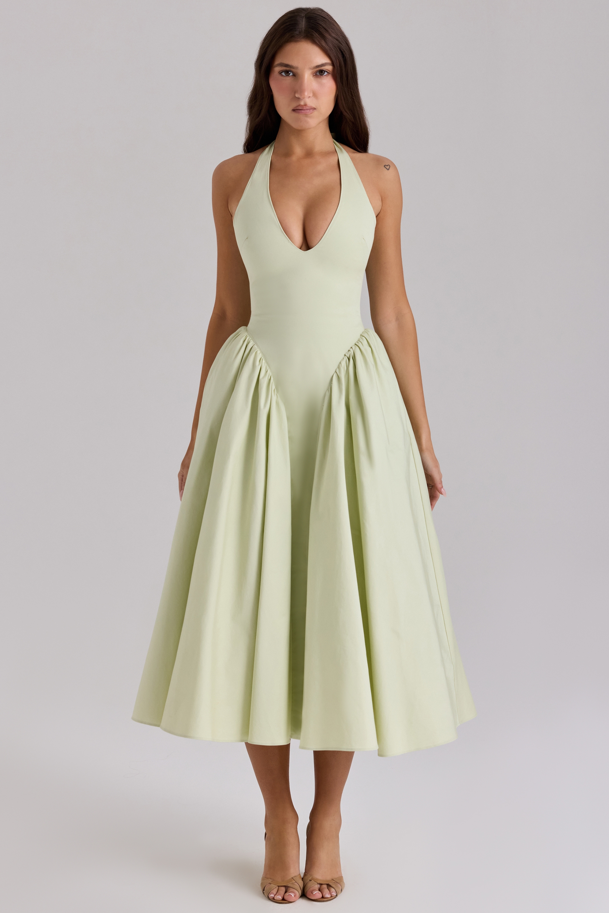 pistachio cotton halter midi sundress
