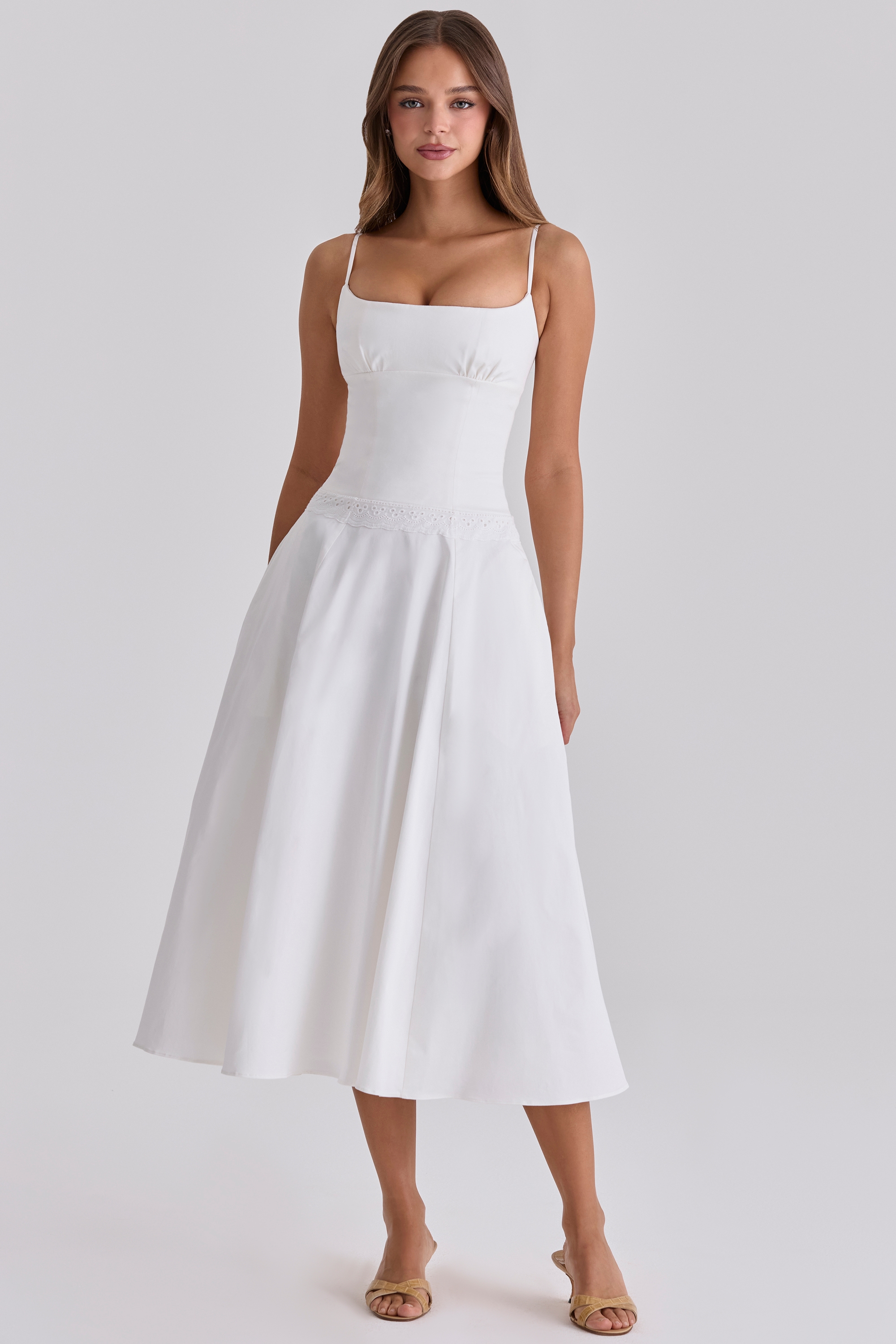 White Cotton Broderie Anglaise Trim Midi Sundress