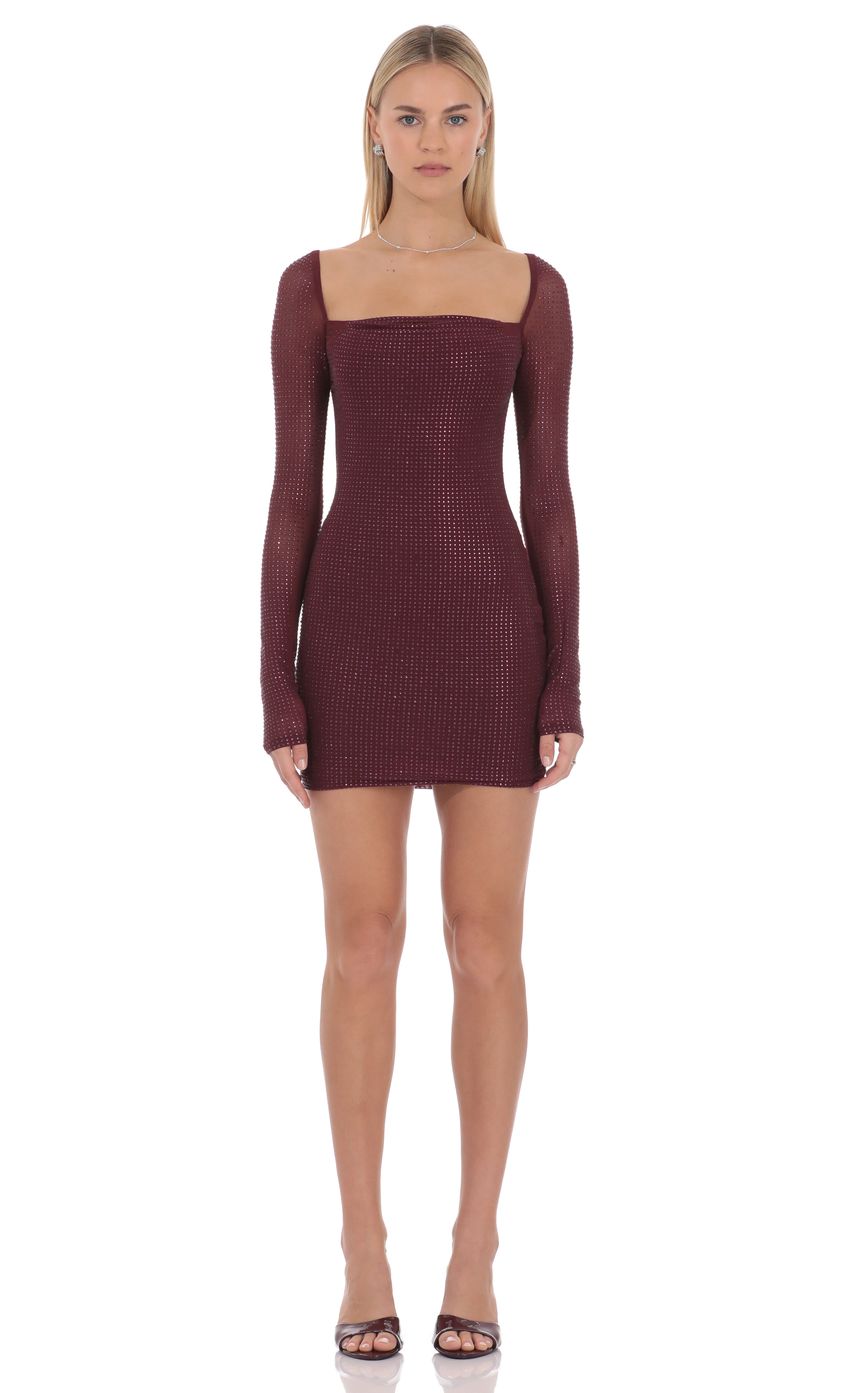 Rhinestone Long Sleeve Mini Dress in Maroon - FASHION NOB
