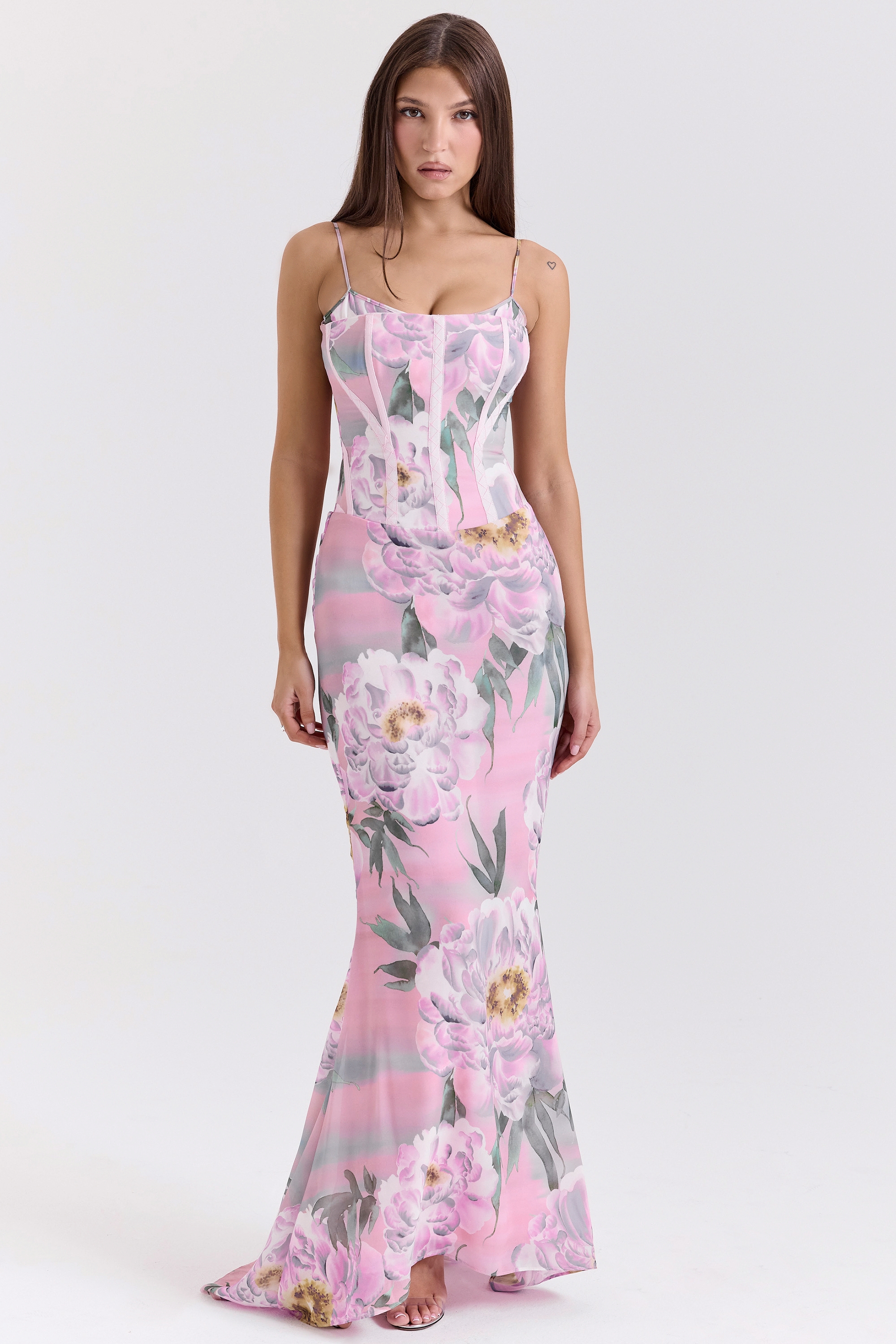 pink floral corset maxi dress