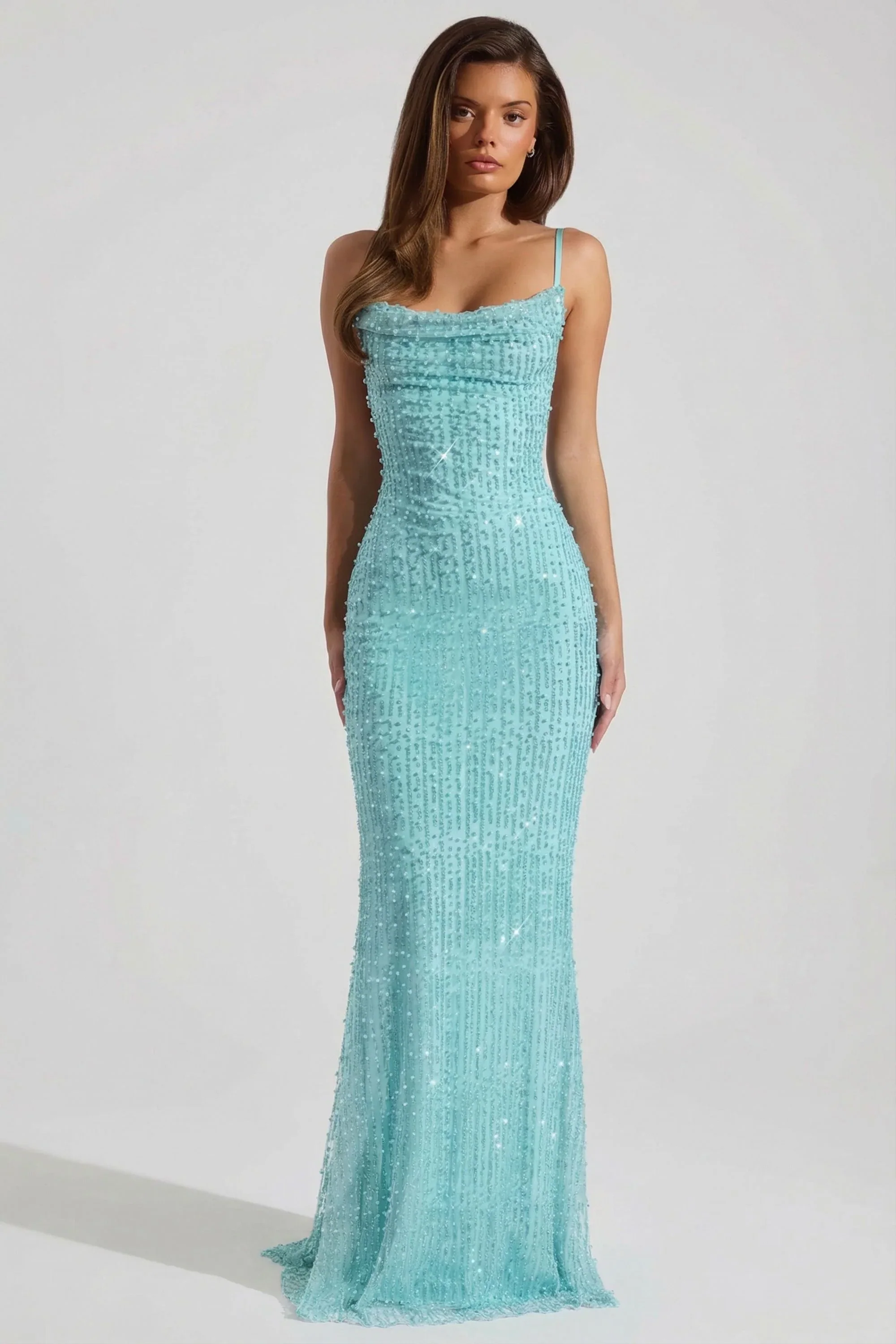 Embellished Cowl-Neck Backless Maxi Dress in Aqua Blue - luluinthesky