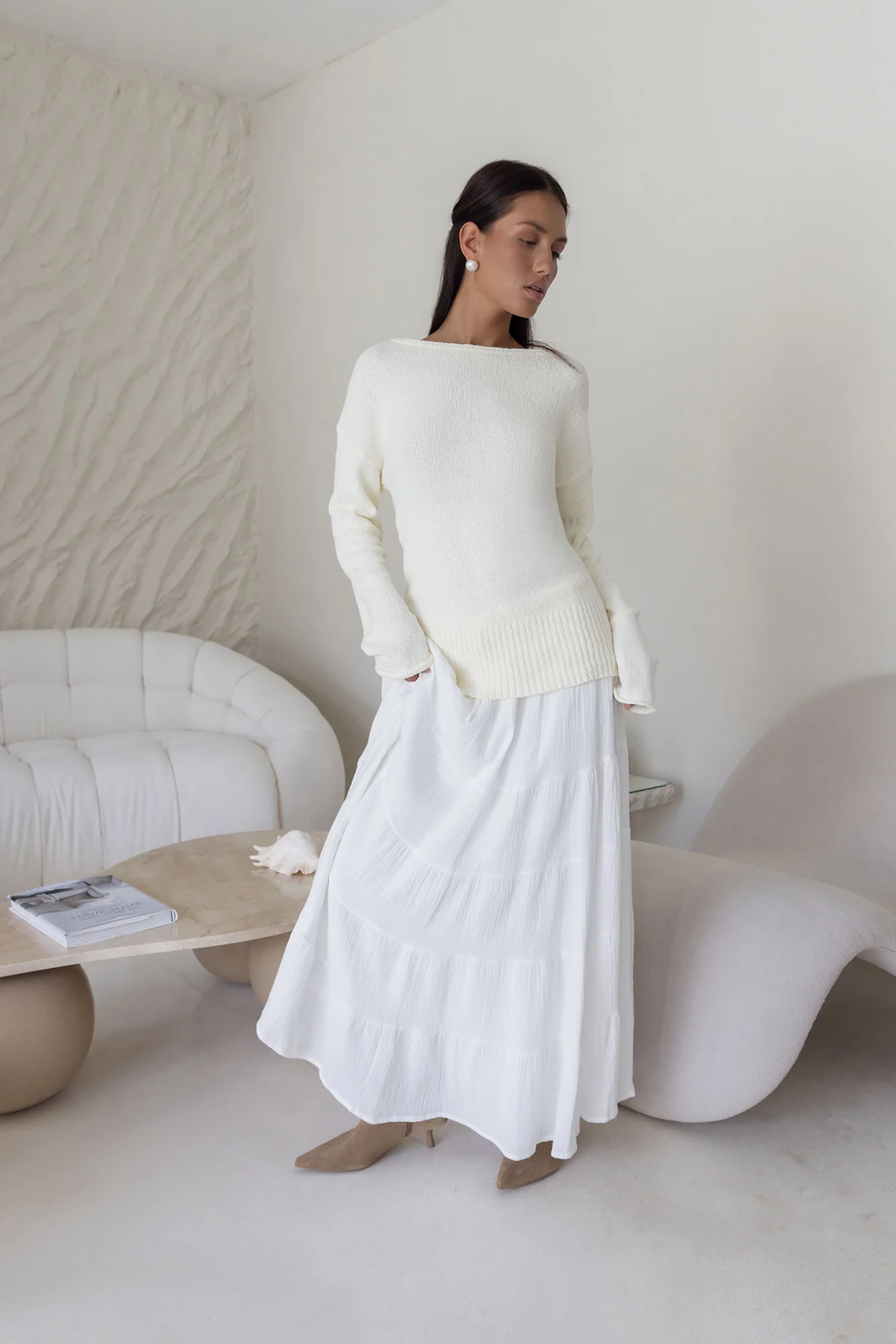 Sugar Petal Off Shoulder Knit Sweater White