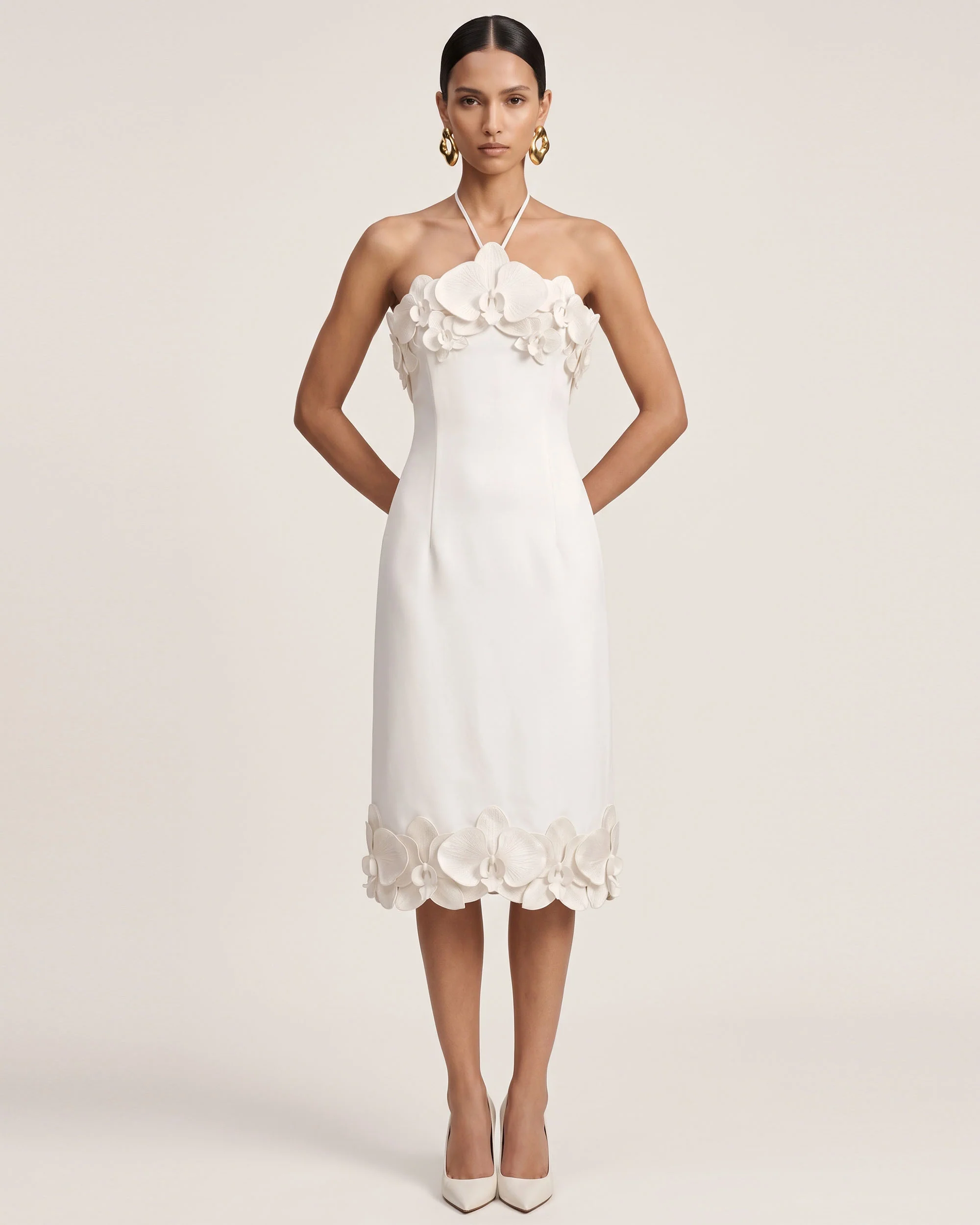 Orchid Embroidered Halter Midi Dress - White