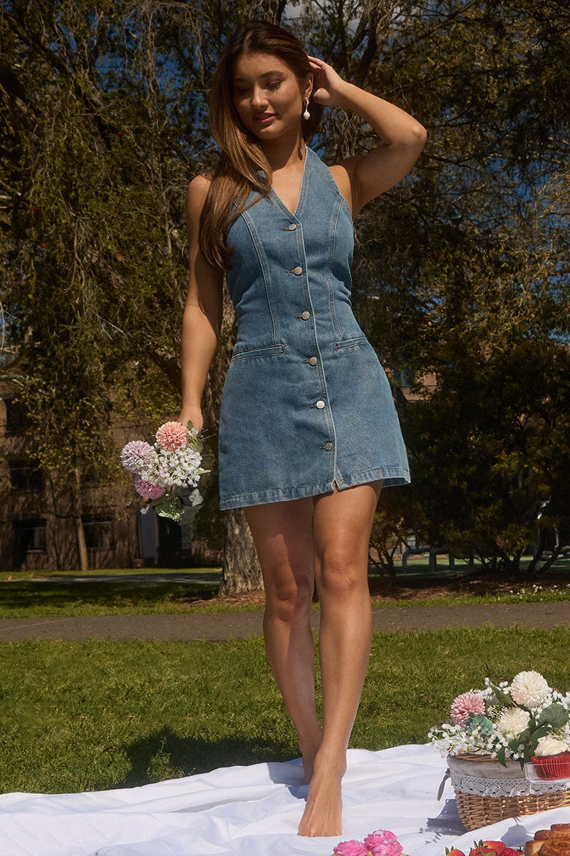 Blue Mini Dress Button Down Halter Neck