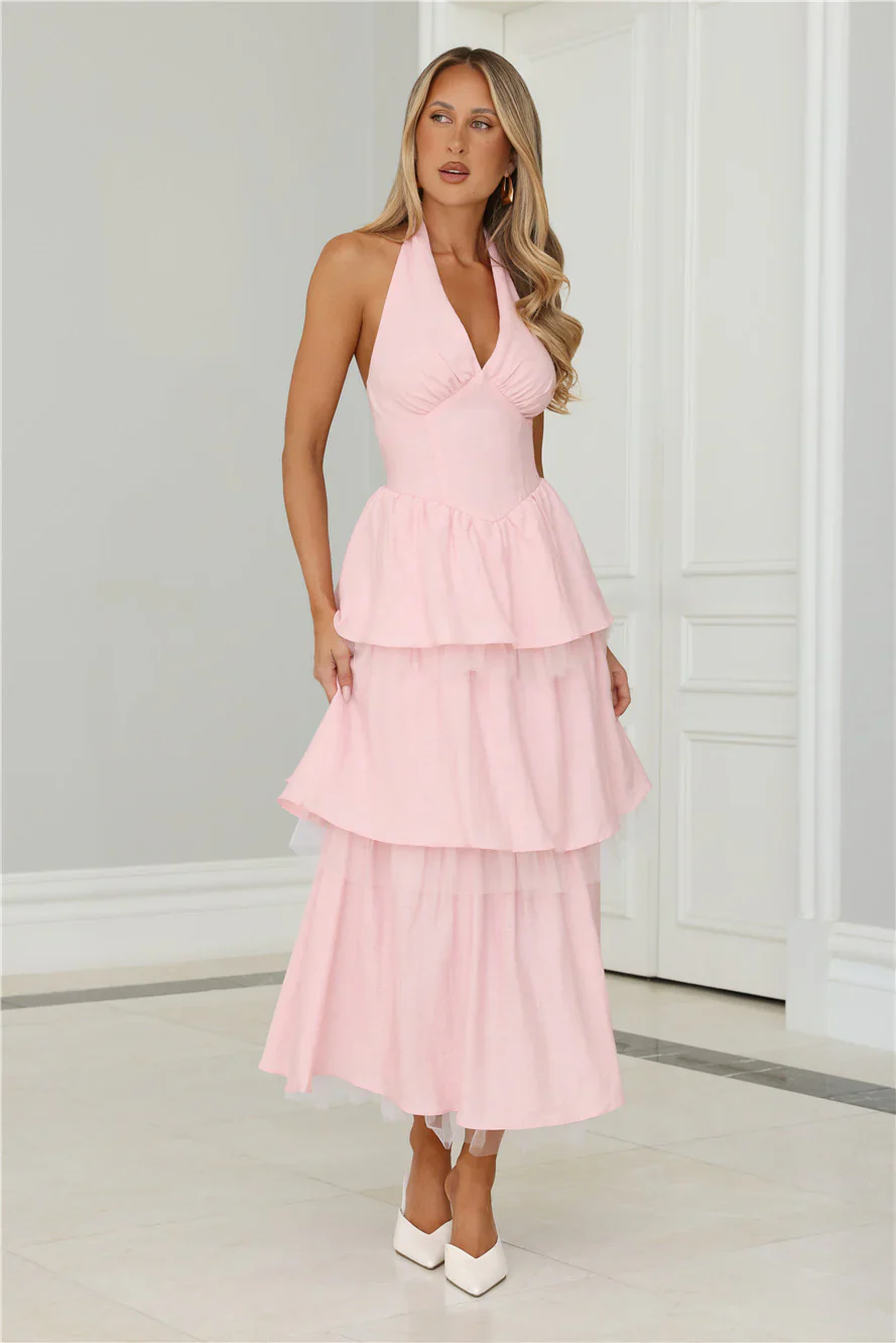 Twinkle Into Night Tulle Halter Maxi Dress Pink - luluinthesky