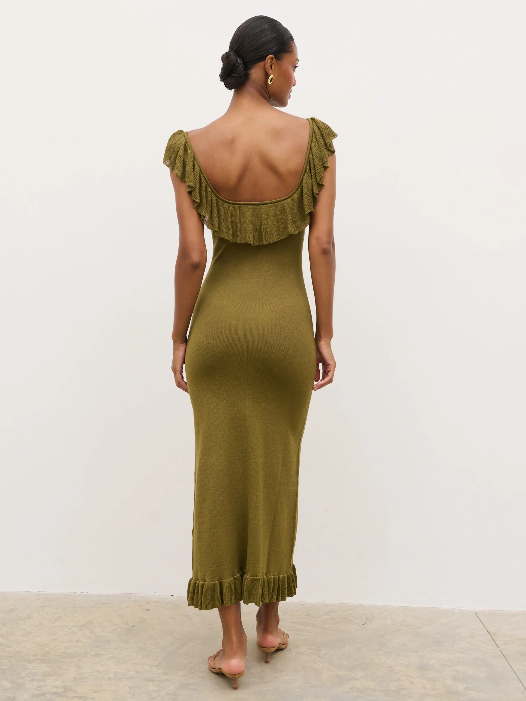 Sascha Frill Detail Knit Midaxi Dress - Tarragon Green