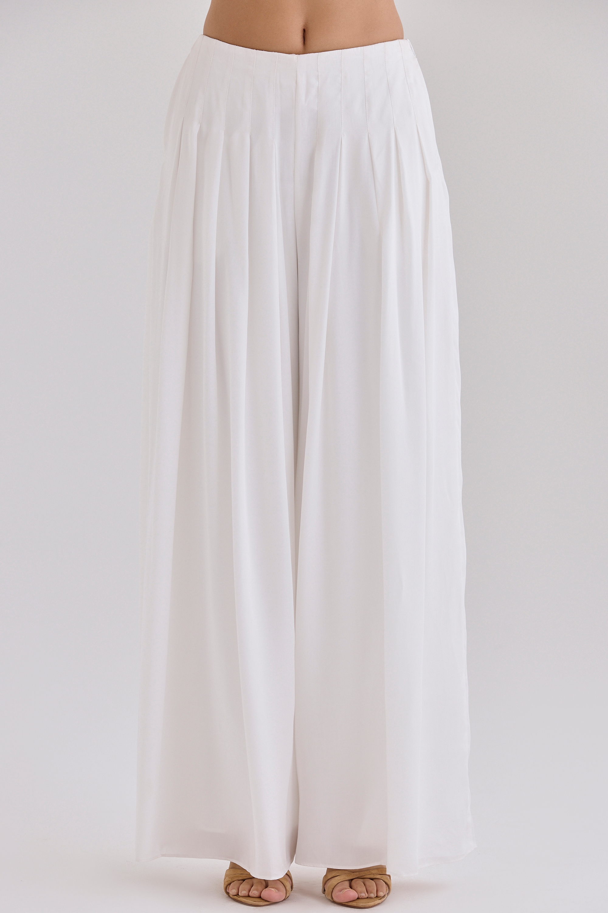 White Sateen Pleated Wide Leg Trousers