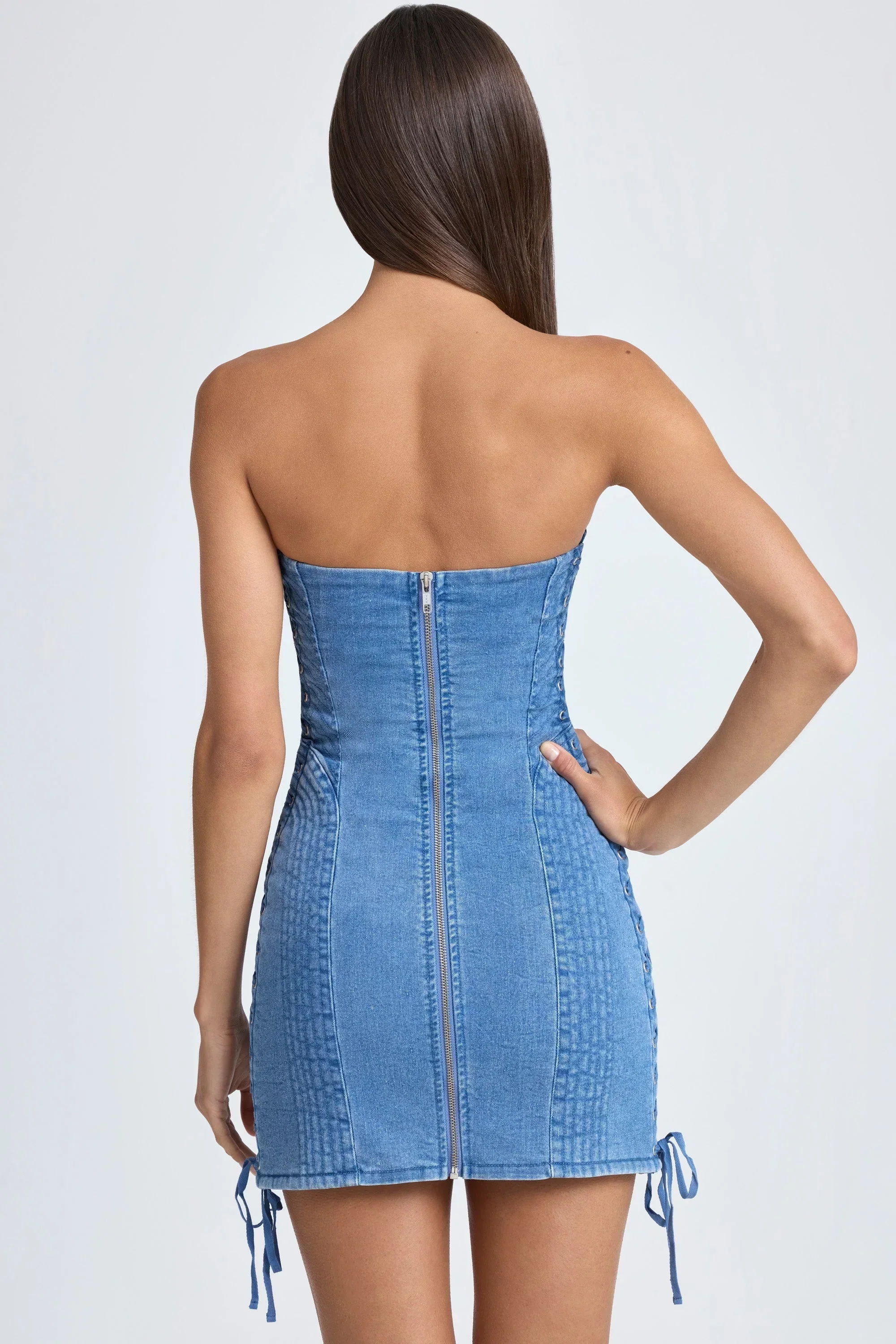 Bandeau Lace-Up Mini Dress In Mid Blue Stonewash