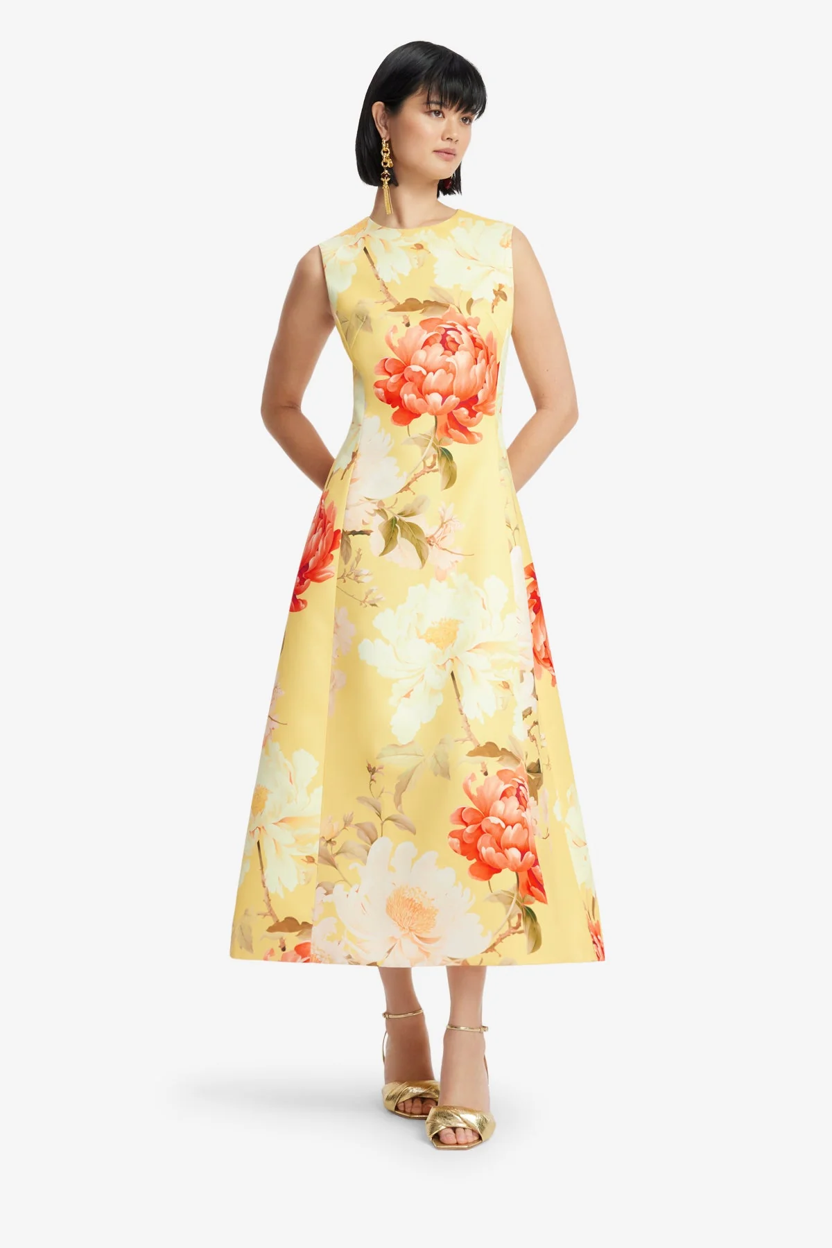 Cleo Sleeveless Midi Dress - Peony Print in Yellow