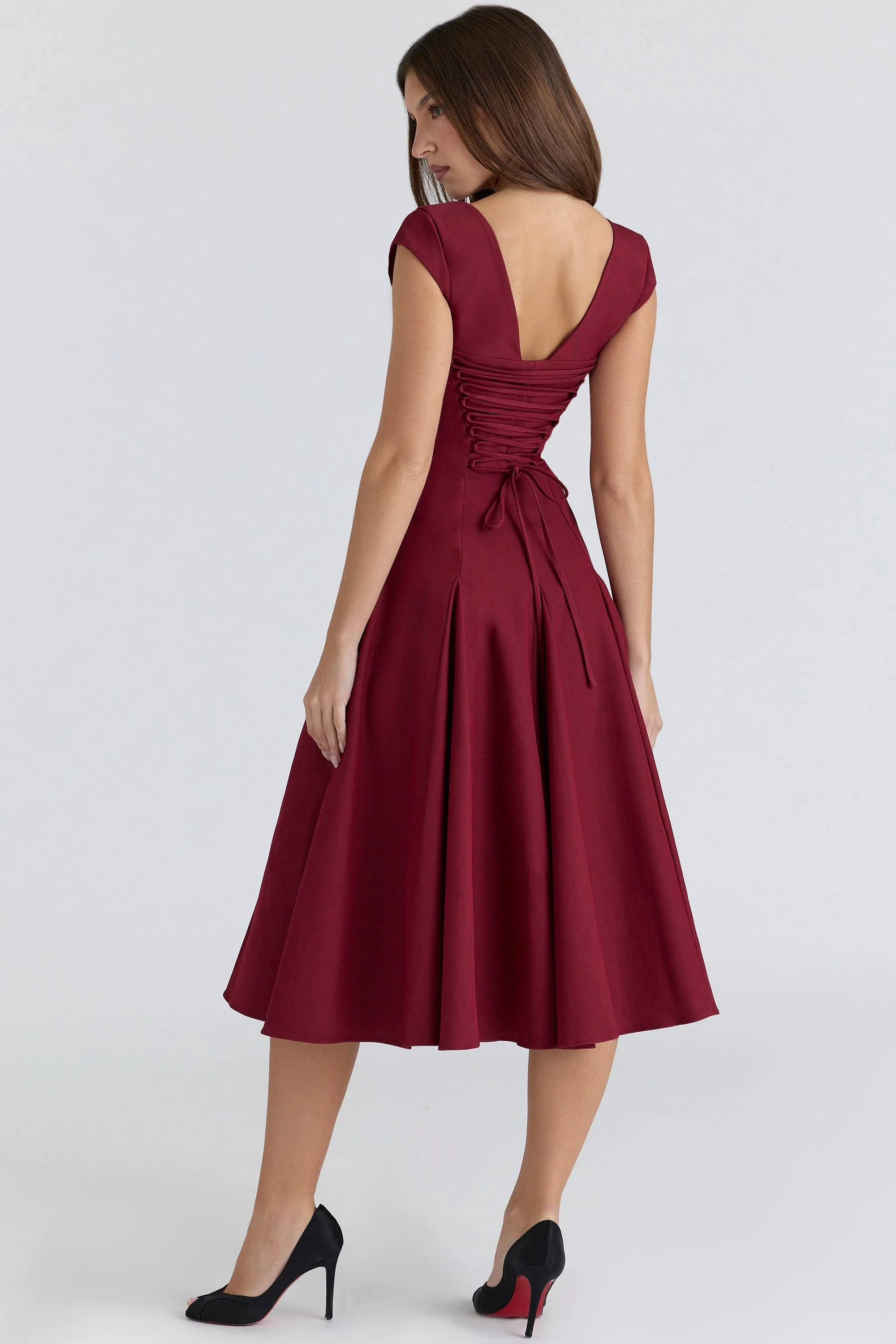 wine lace back twill midi dress