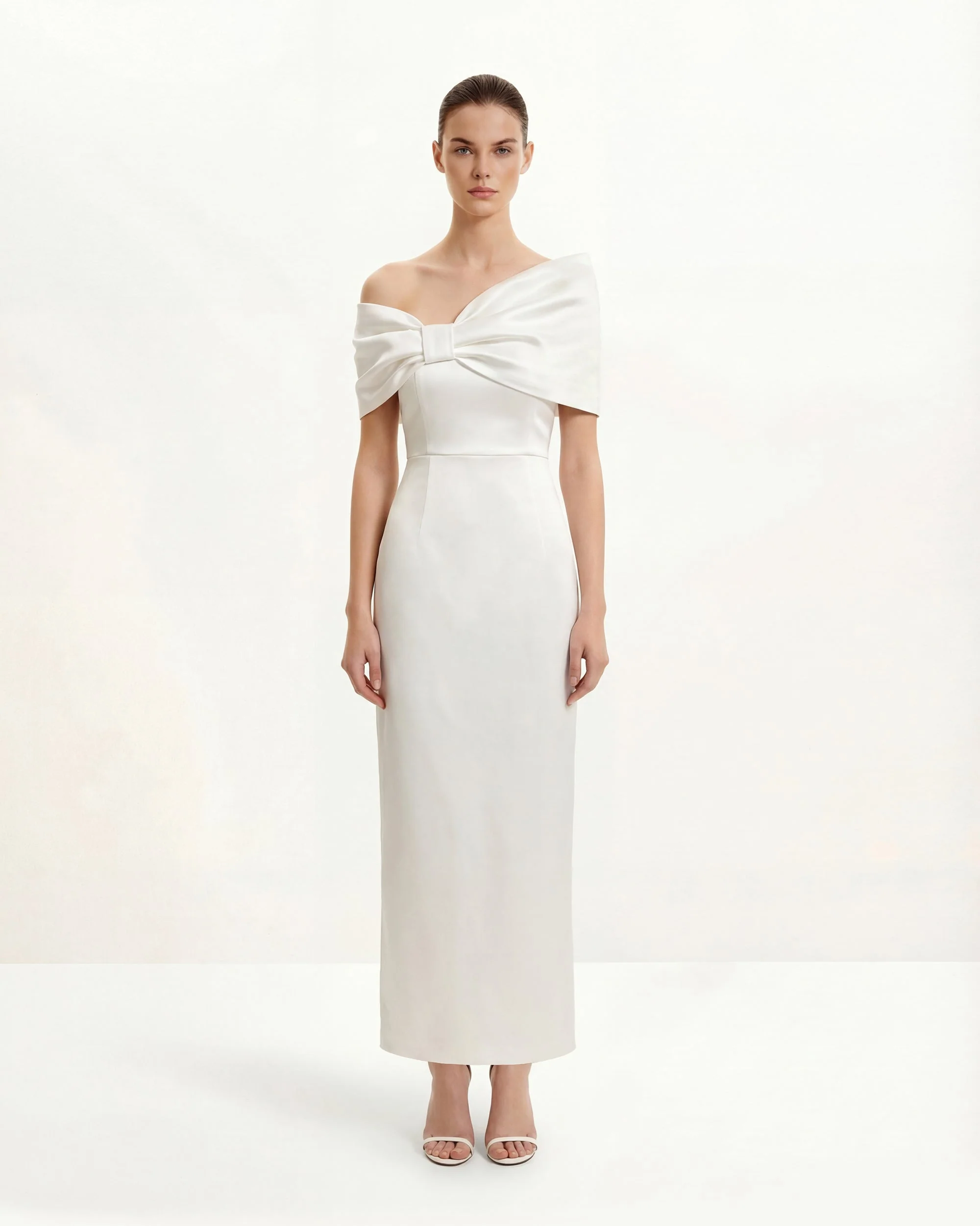Satin Asymmetric Bow Maxi Dress - White