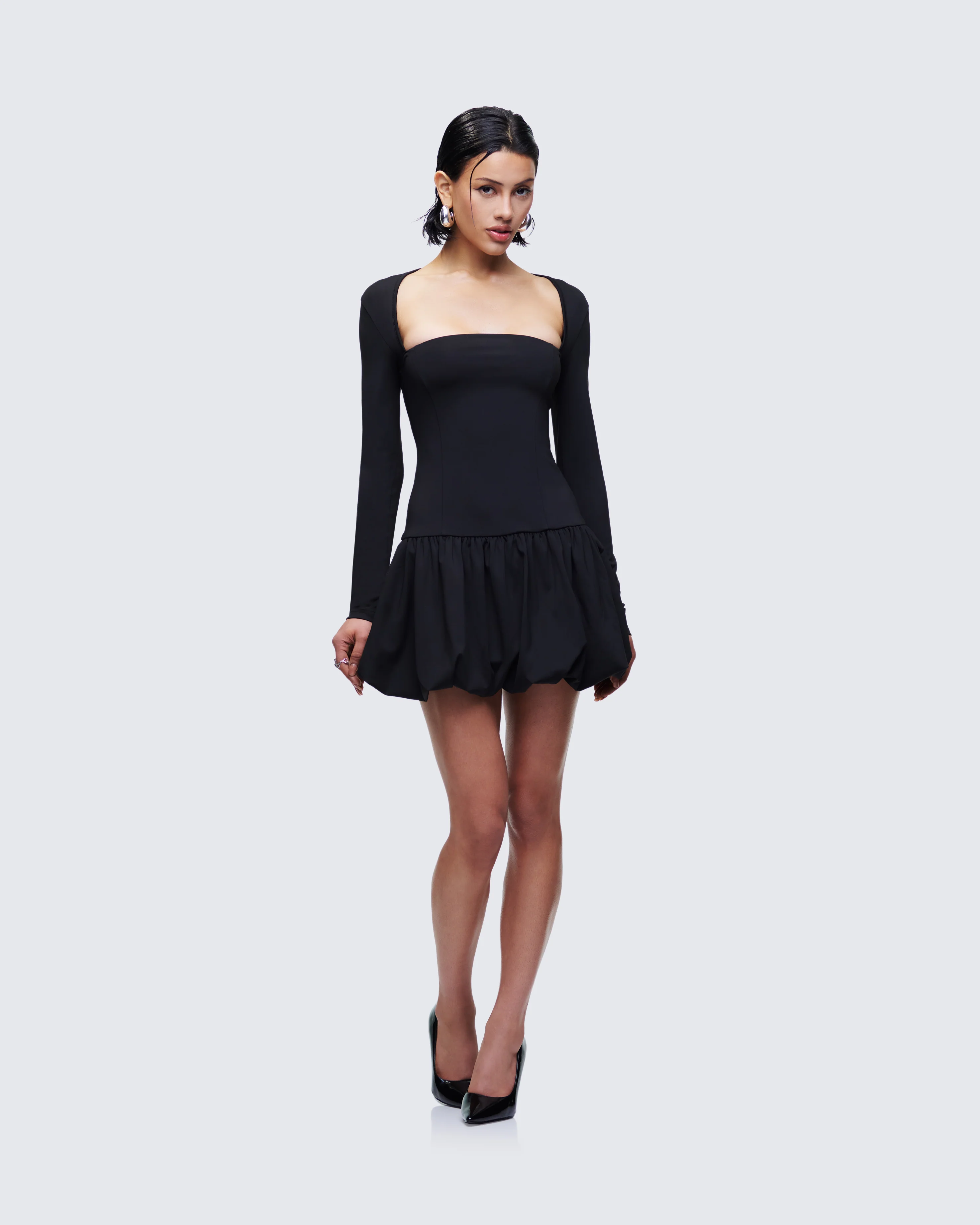 Pili Black Drop Bubble Hem Micro Mini Dress