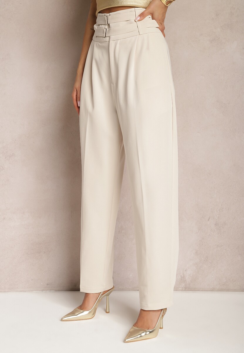 Beżowe Spodnie Garniturowe High Waist z Dwoma Paskami Ismera