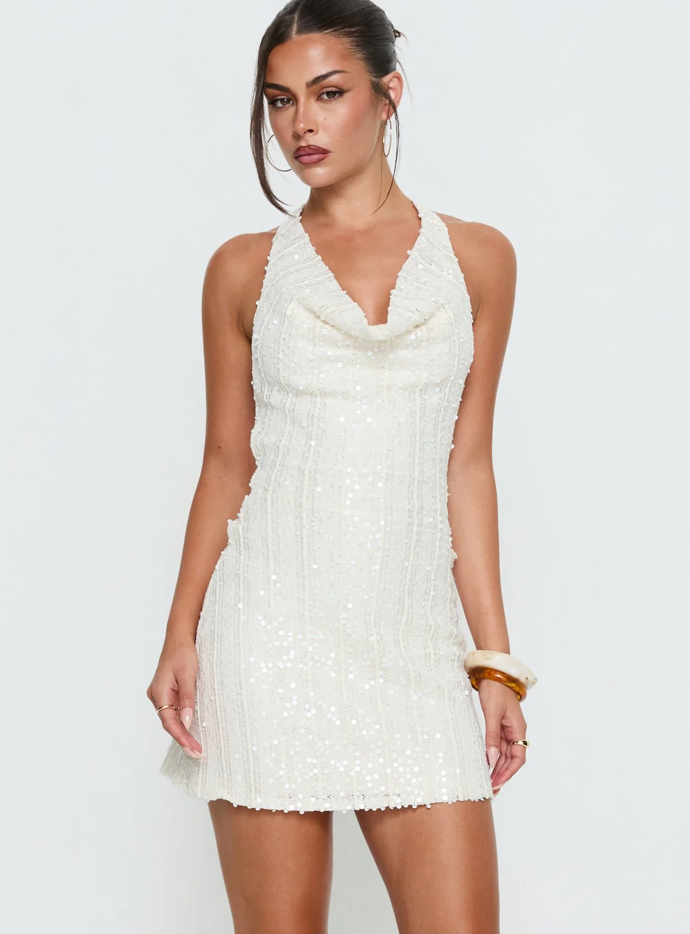 Kaimeila Halter Sequin Mini Dress Cream