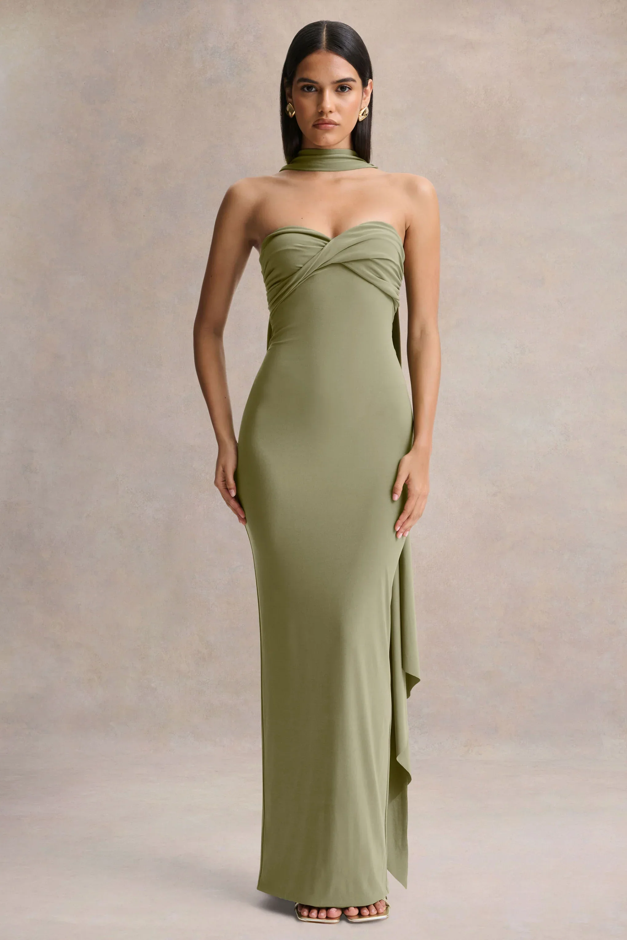 Sheila | Olive Bandeau Maxi Dress With Scarf Detail