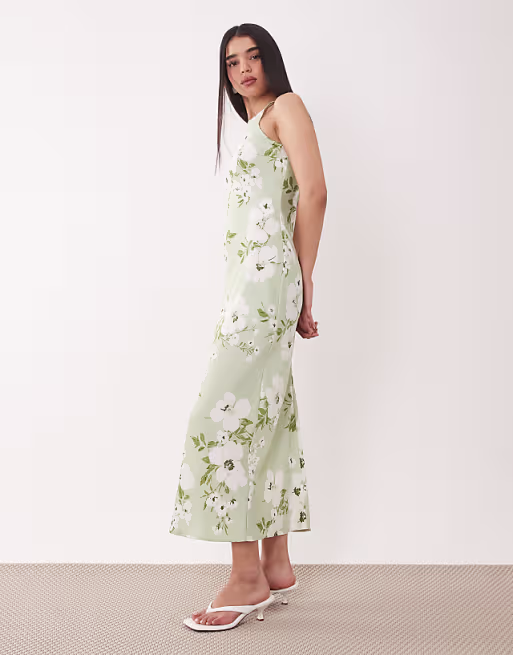 VILA racer neck satin midi dress in pale green floral print