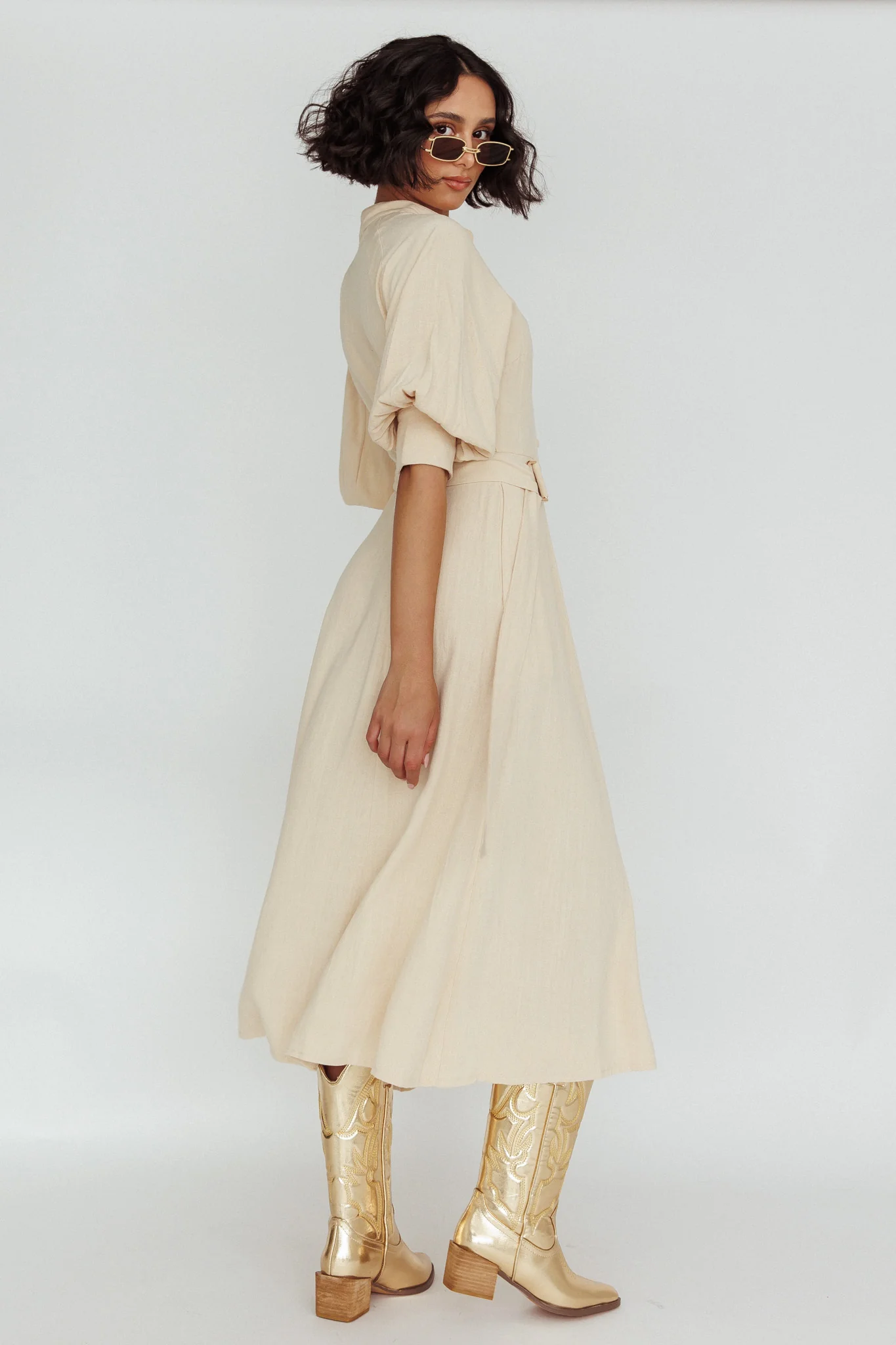 Mallory Belted Waist Lantern Sleeve Midi Dress Beige