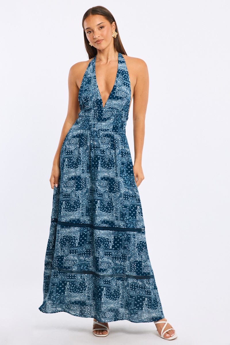 Blue Boho Maxi Dress Halter Neck