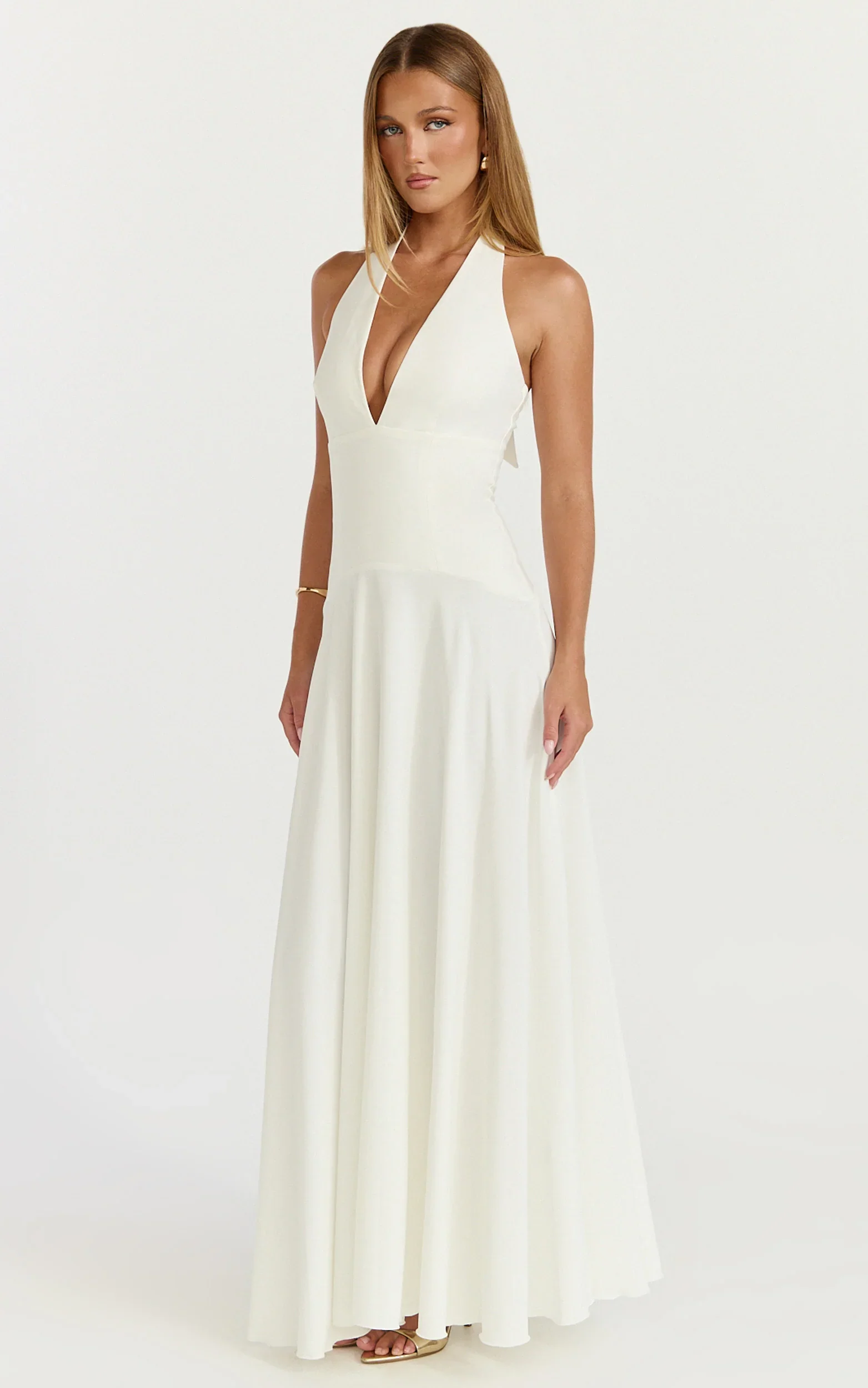 Poppy Maxi Dress - Contrast Skirt Deep Plunge Halter Dress in Off White - luluinthesky