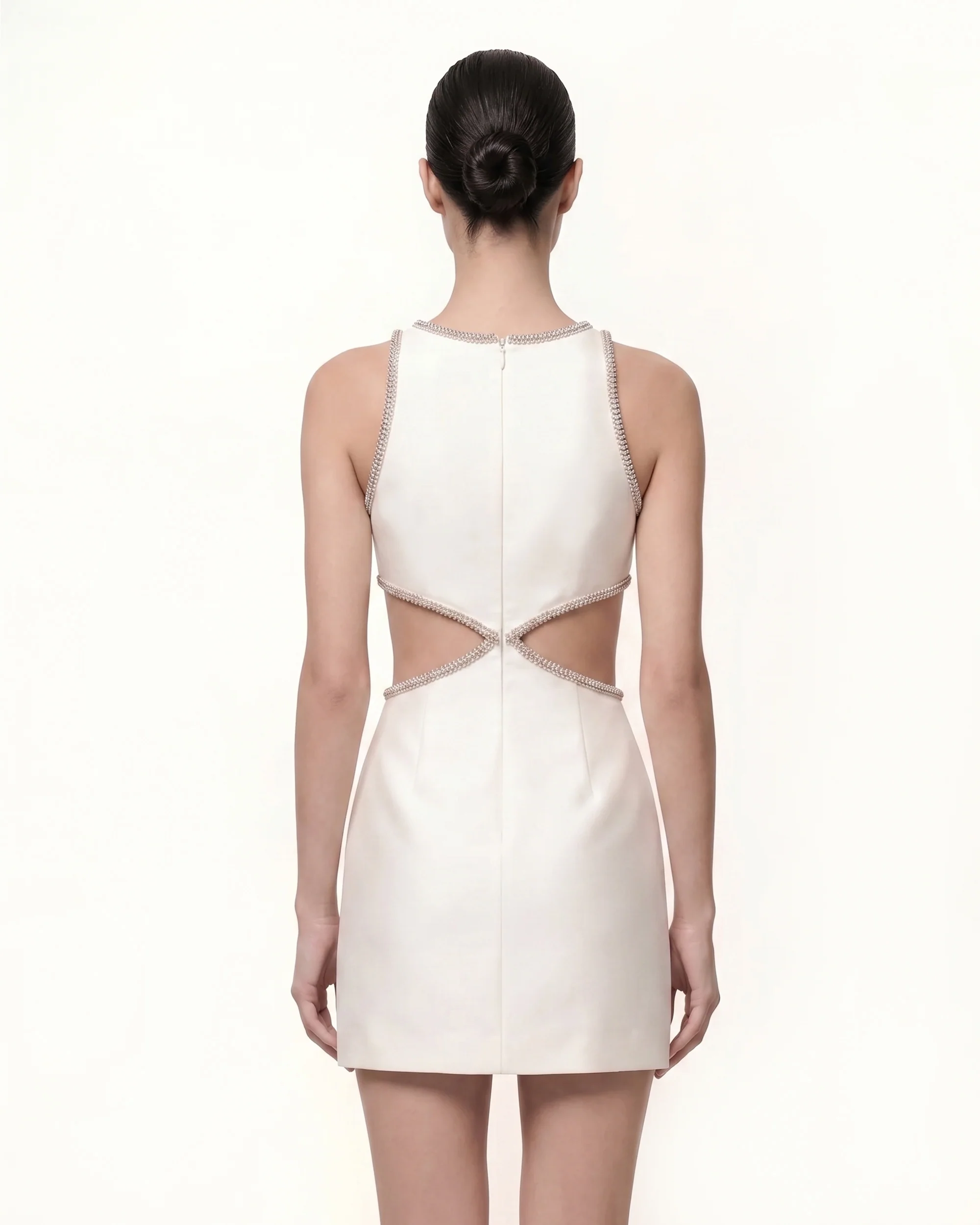 Beaded Trim Floral Mini Dress - White - FASHION NOB