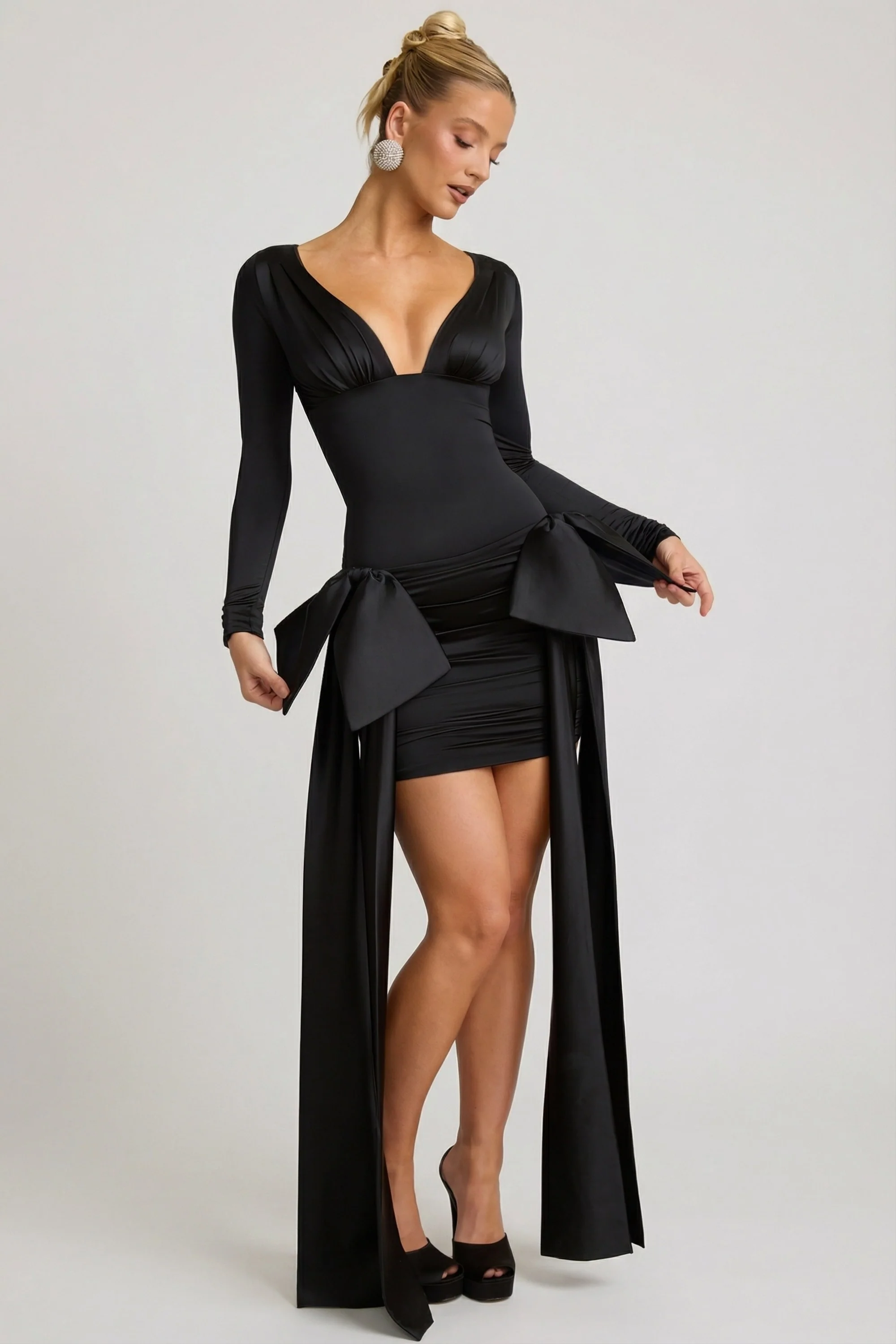 Bow-Detail Ruched Mini Dress in Black